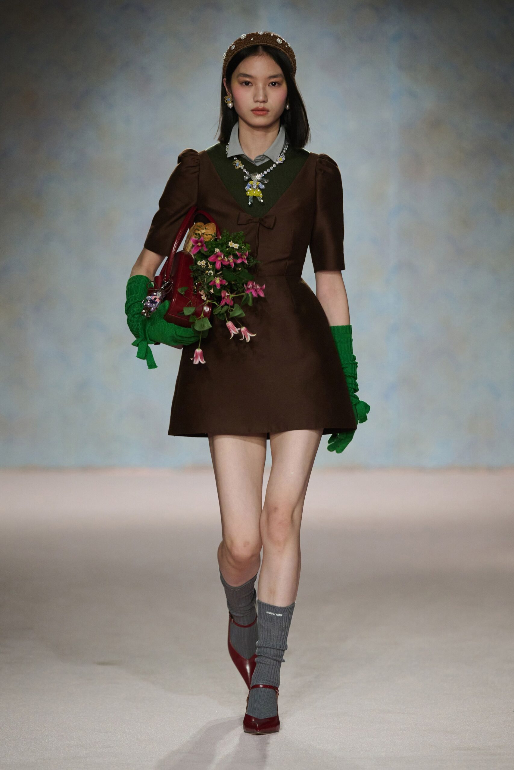 brown cotton short-sleeve collared fitted pleated mini dress