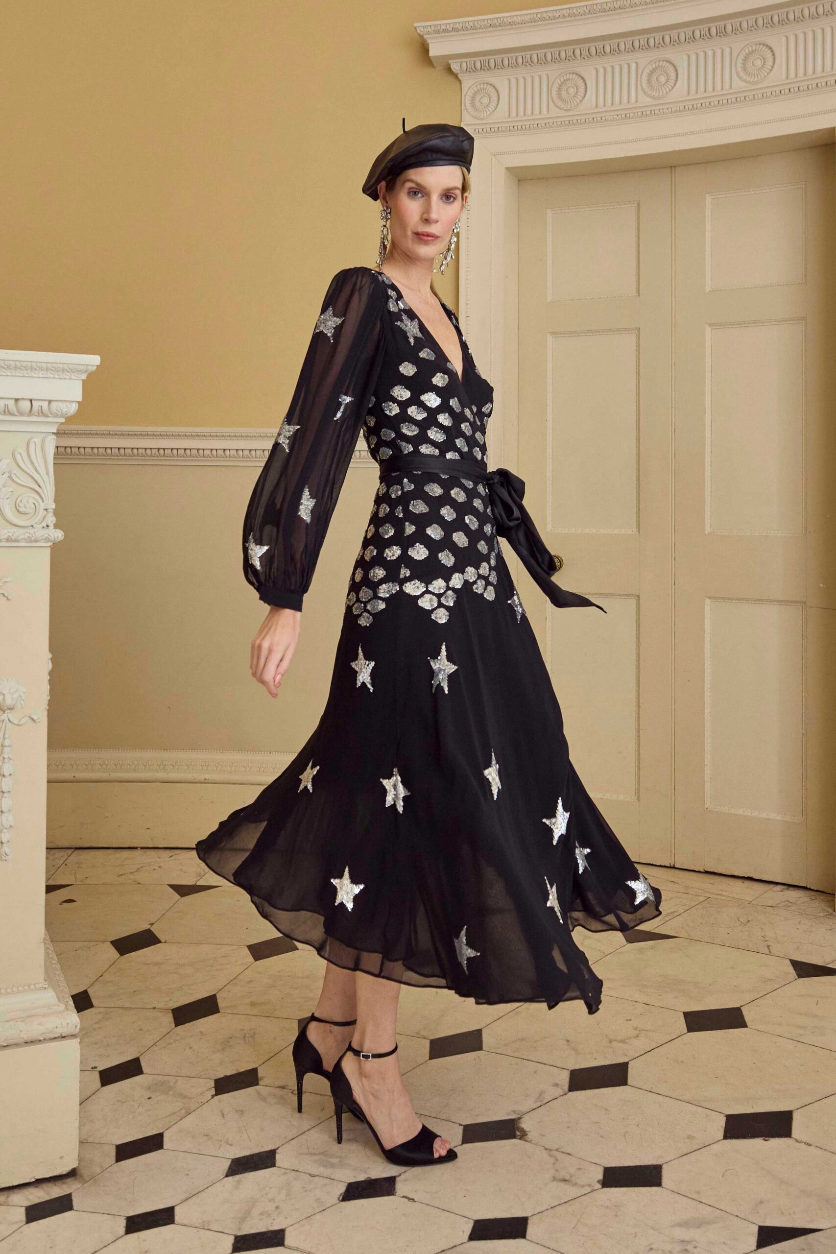 black silk embroidered midi dress