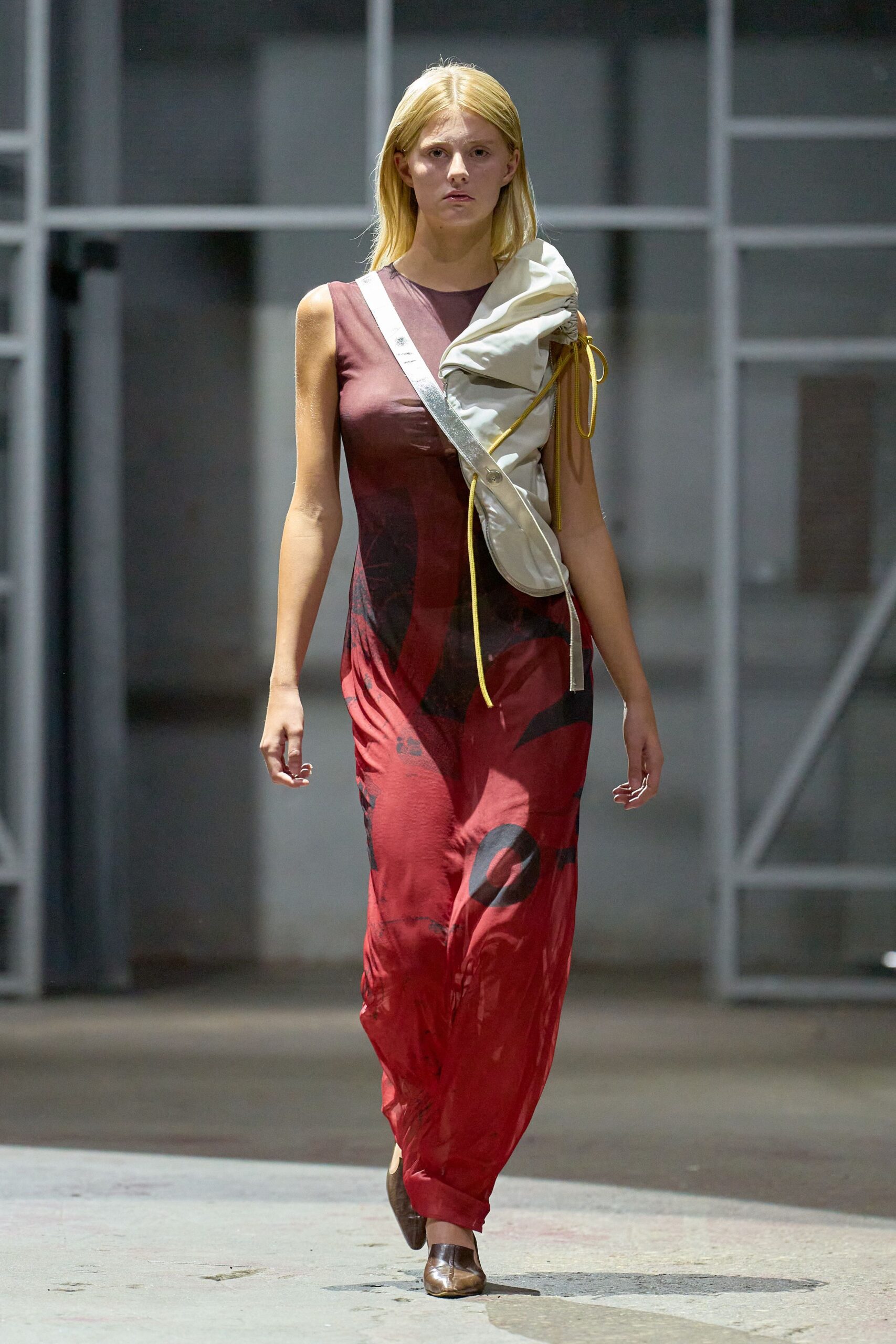 red silk sleeveless v-neck fitted draped flowing dress