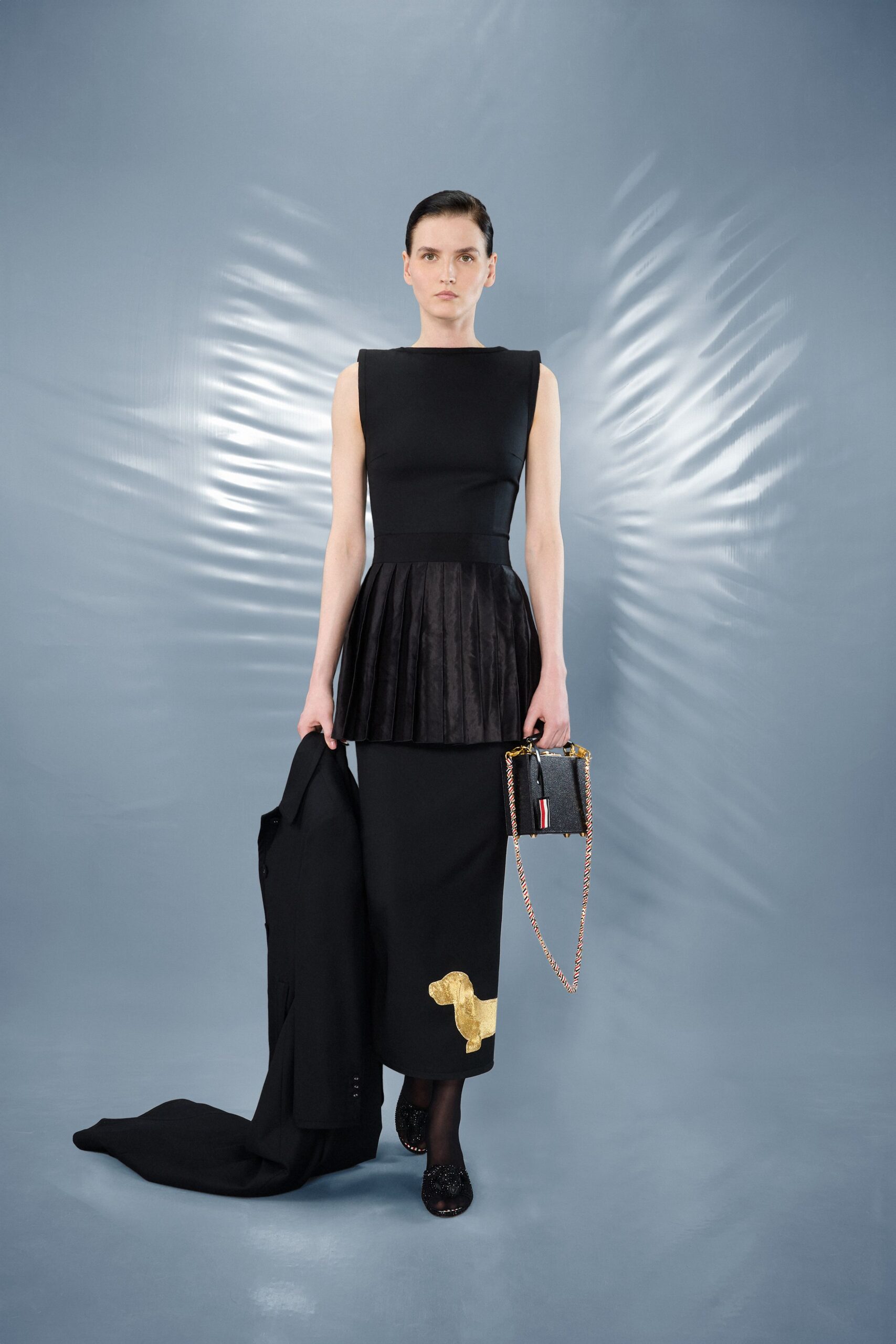 black pleated midi dress with blazer