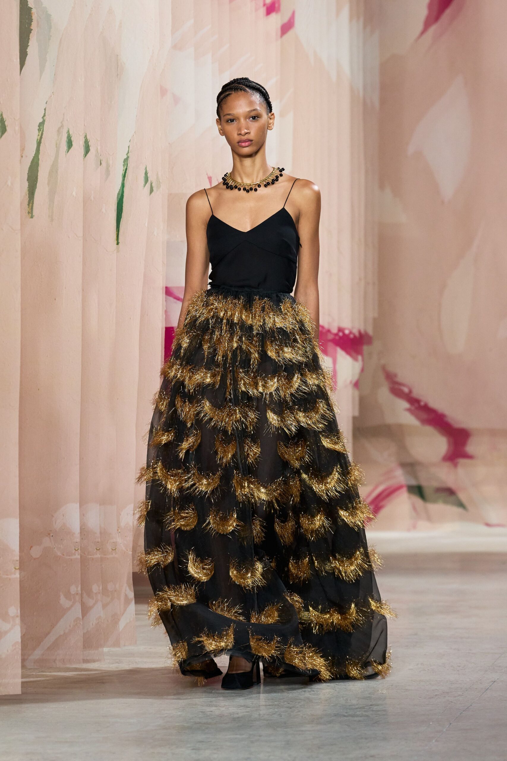 black and gold fringed gown