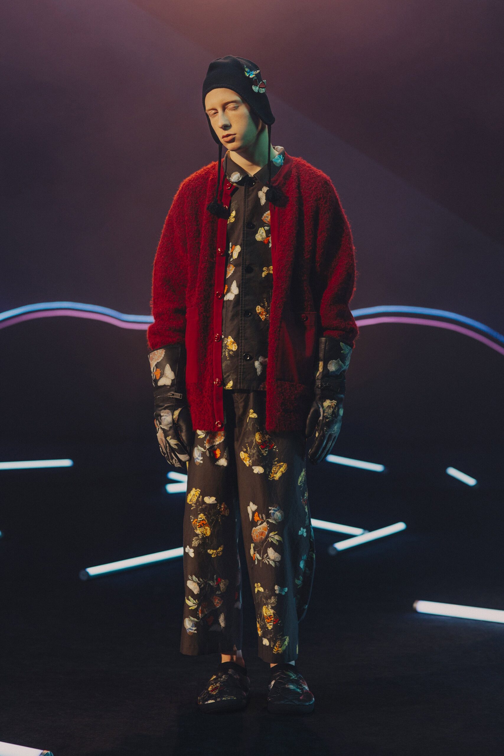 red wool long-sleeve relaxed layered cardigan
