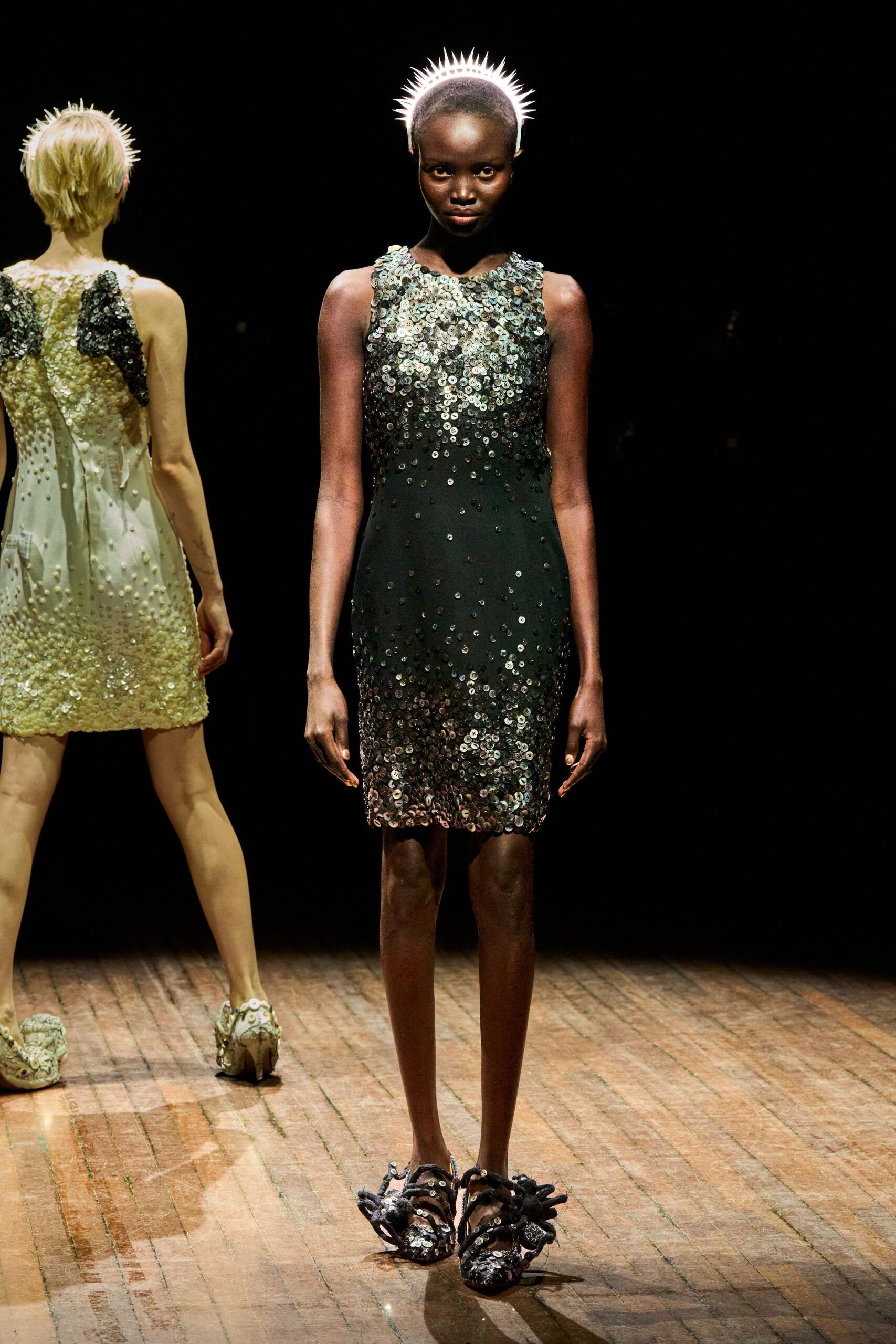 green silk sleeveless v-neck fitted embellished shiny dress