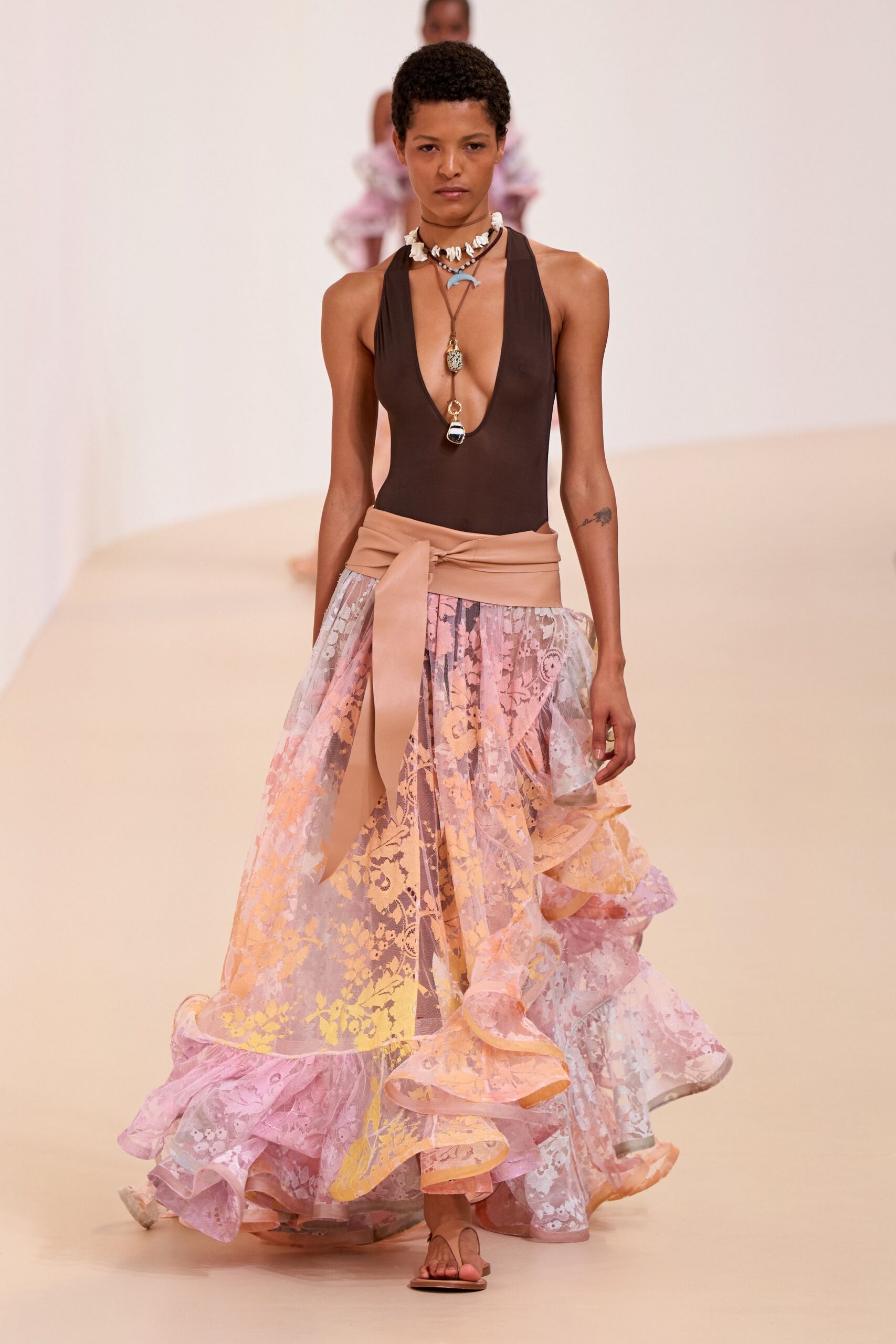 pink chiffon relaxed high-waisted tiered ruffled flowing skirt