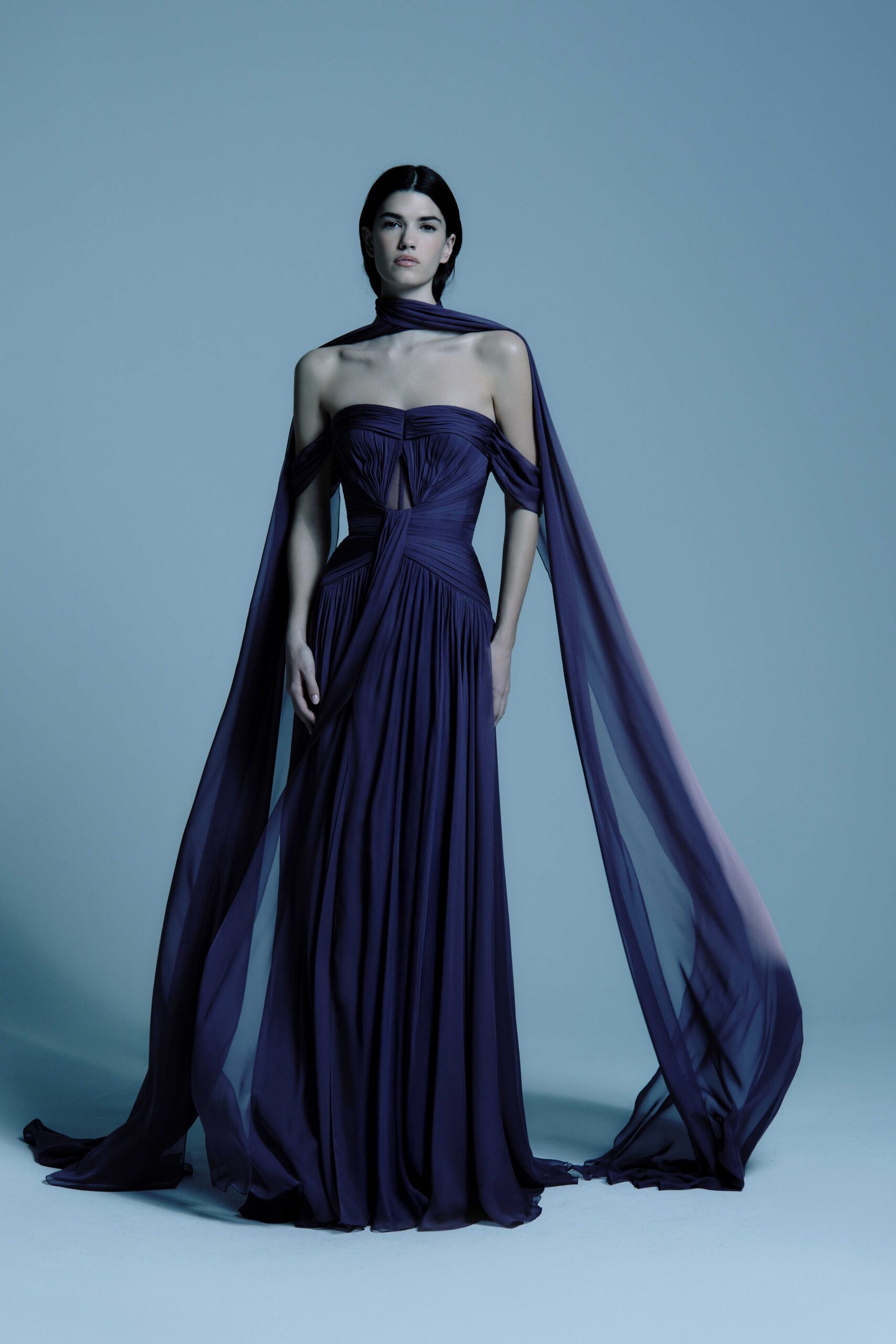purple silk strapless gown