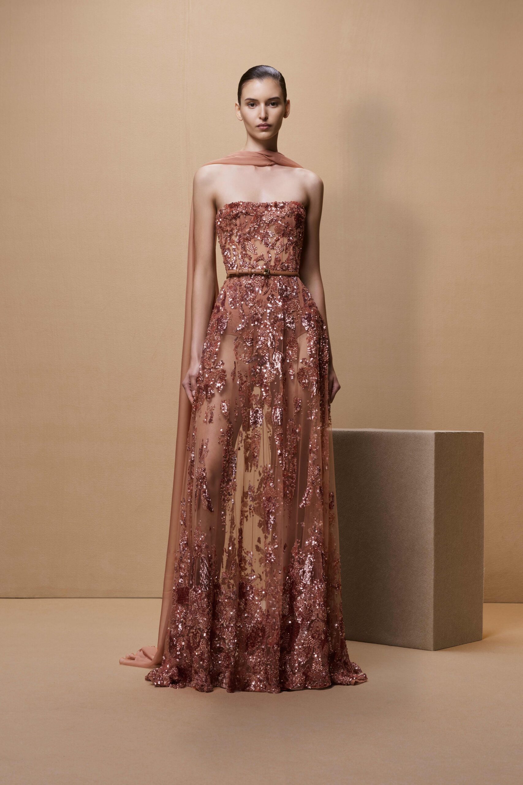 pink silk strapless gown