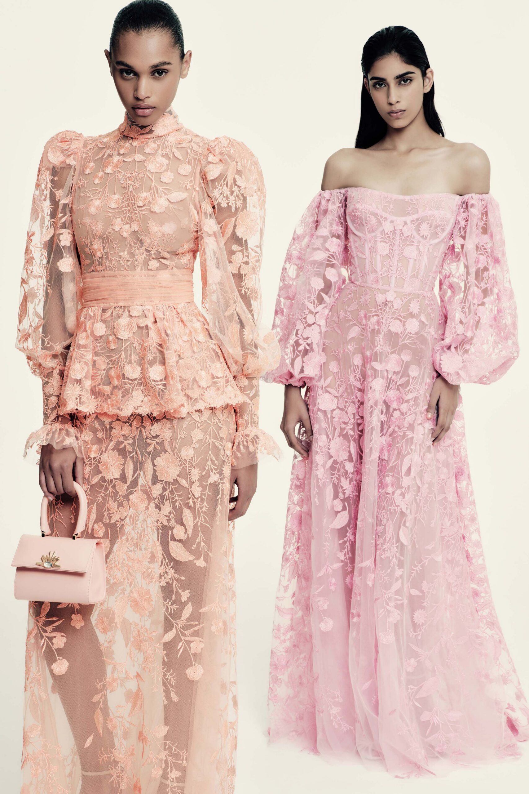 pink lace long-sleeve off-shoulder fitted embroidered tiered gown