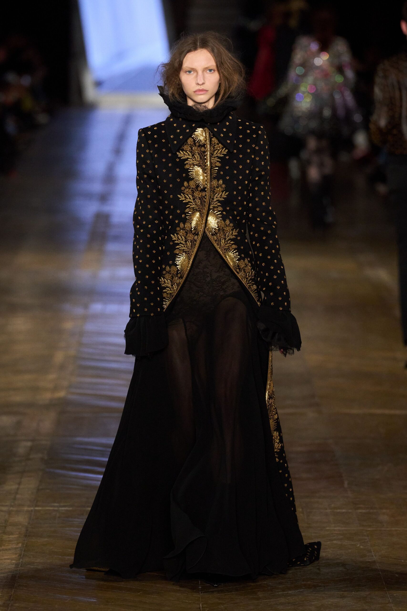 black silk long-sleeve collared structured embroidered buttoned coat
