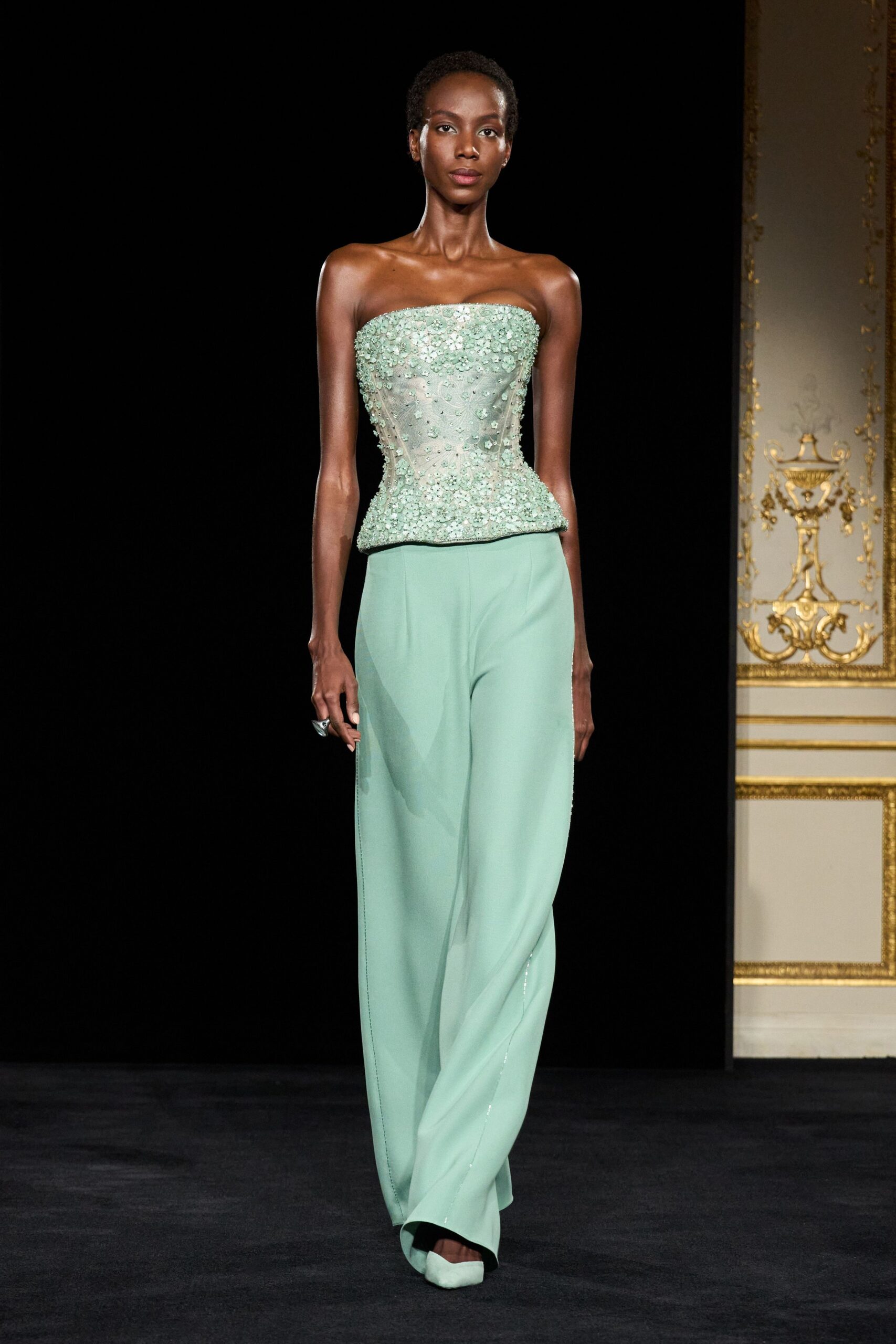 green silk strapless fitted beaded top