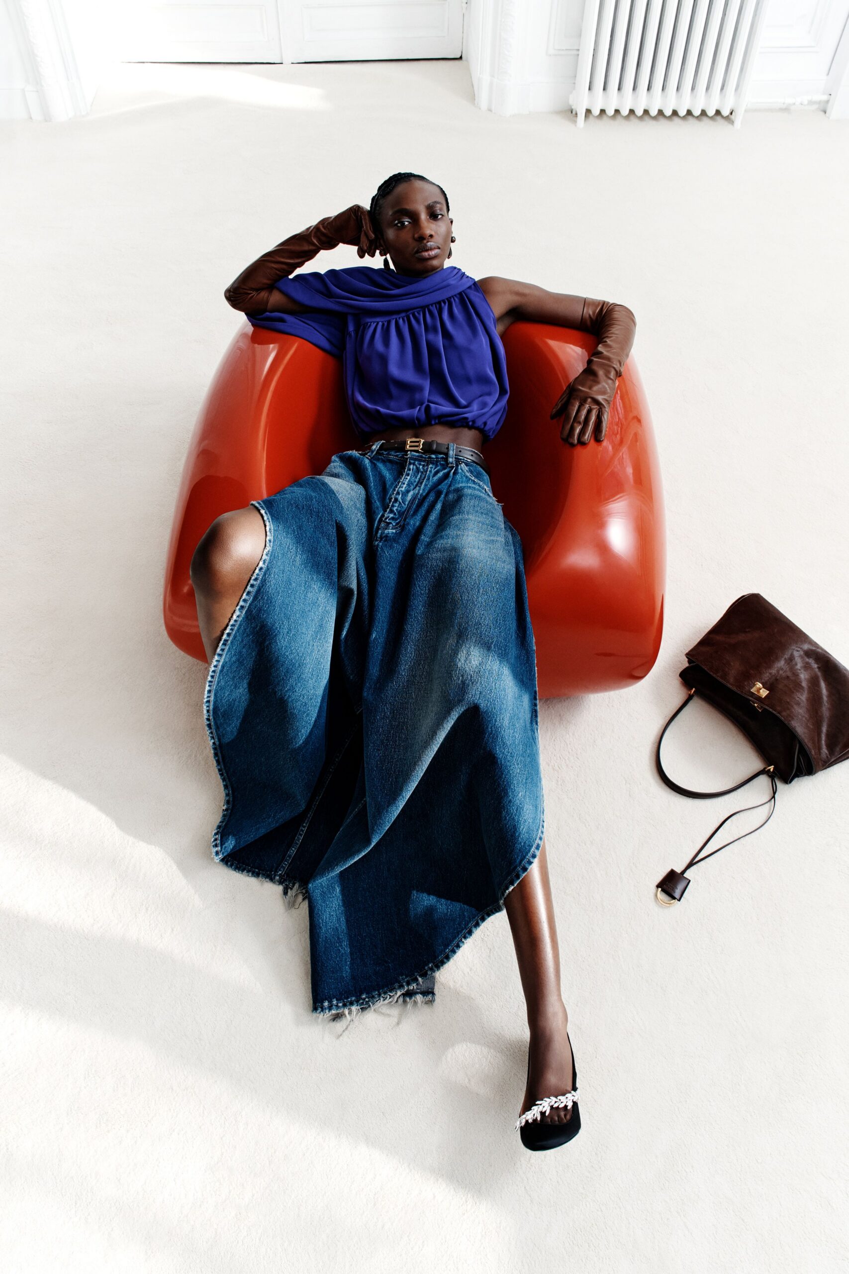 blue denim fitted high-waisted flared distressed maxi skirt