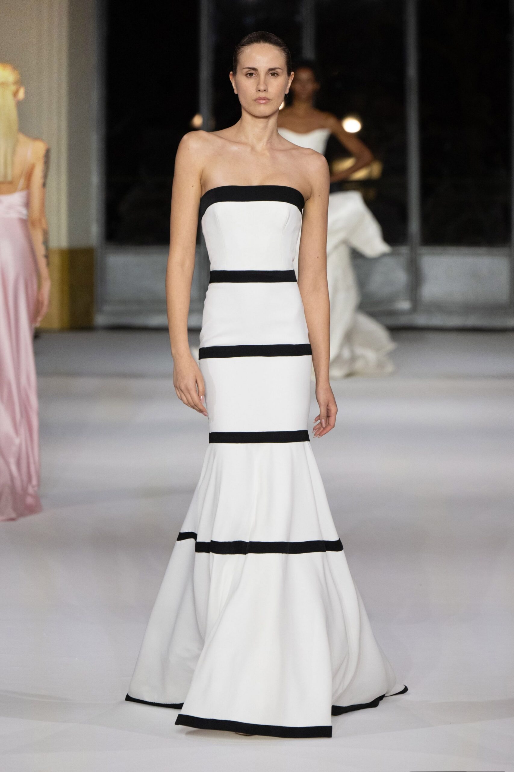 white and black strapless gown