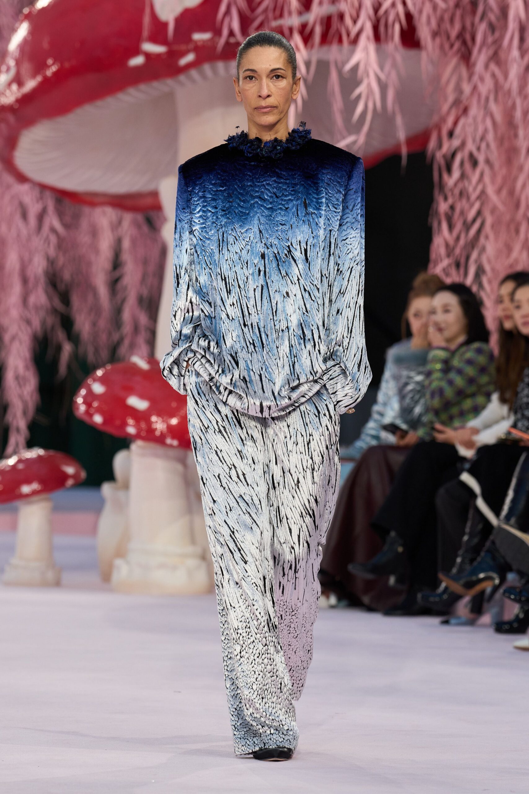 blue and white printed velvet dress