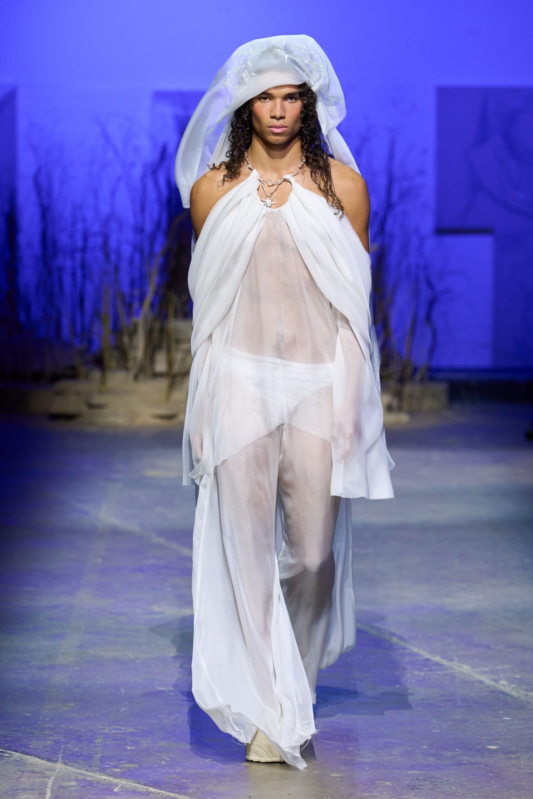 white chiffon sleeveless halter fitted layered sheer gown