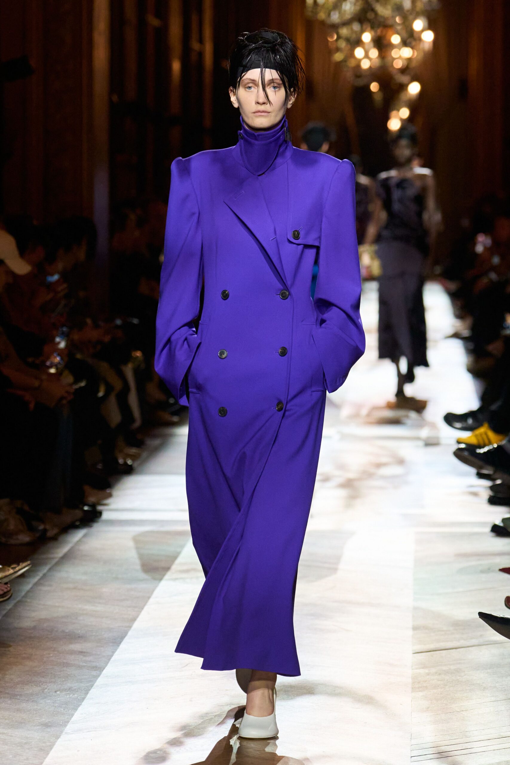 purple long-sleeve collared oversized maxi coat
