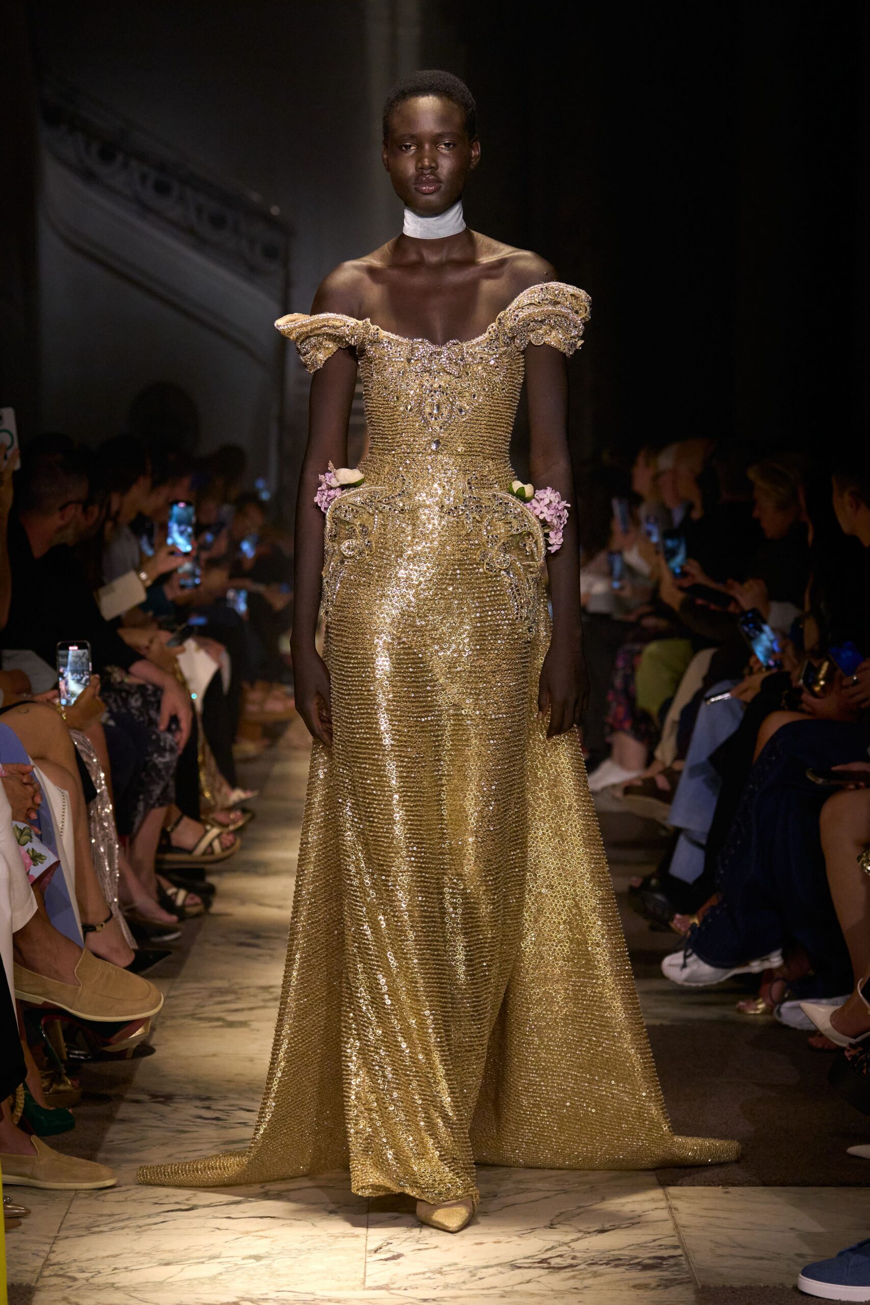gold embroidered off-shoulder gown
