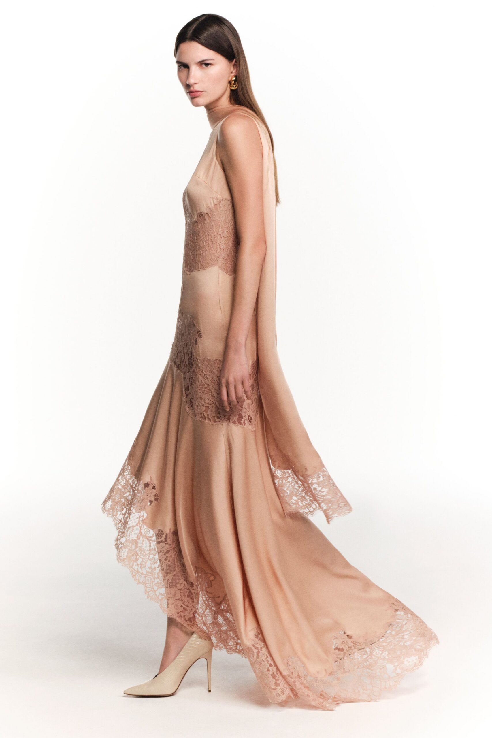 beige silk sleeveless v-neck fitted embroidered layered gown
