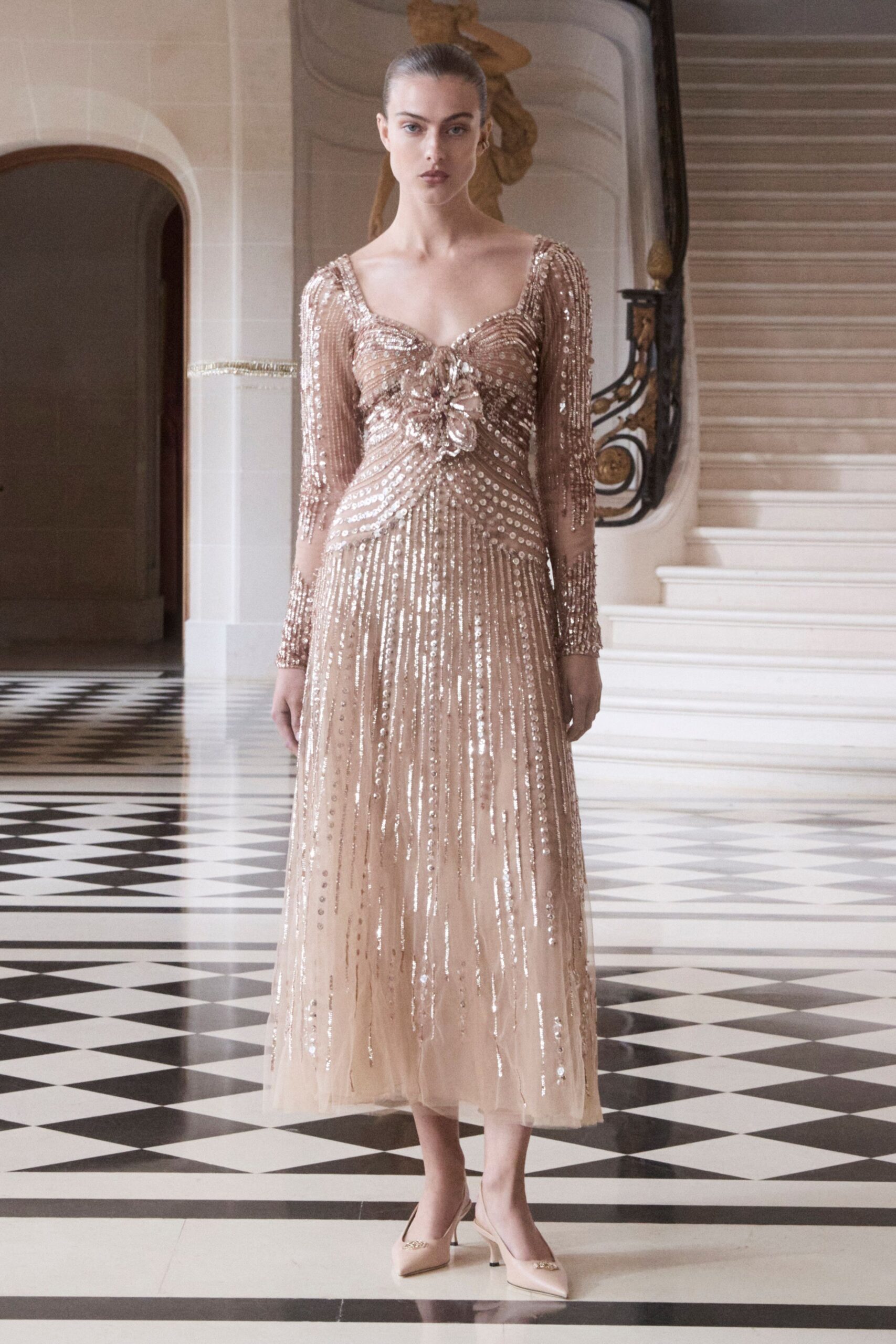 beige silk long-sleeve v-neck fitted sequined draped gown