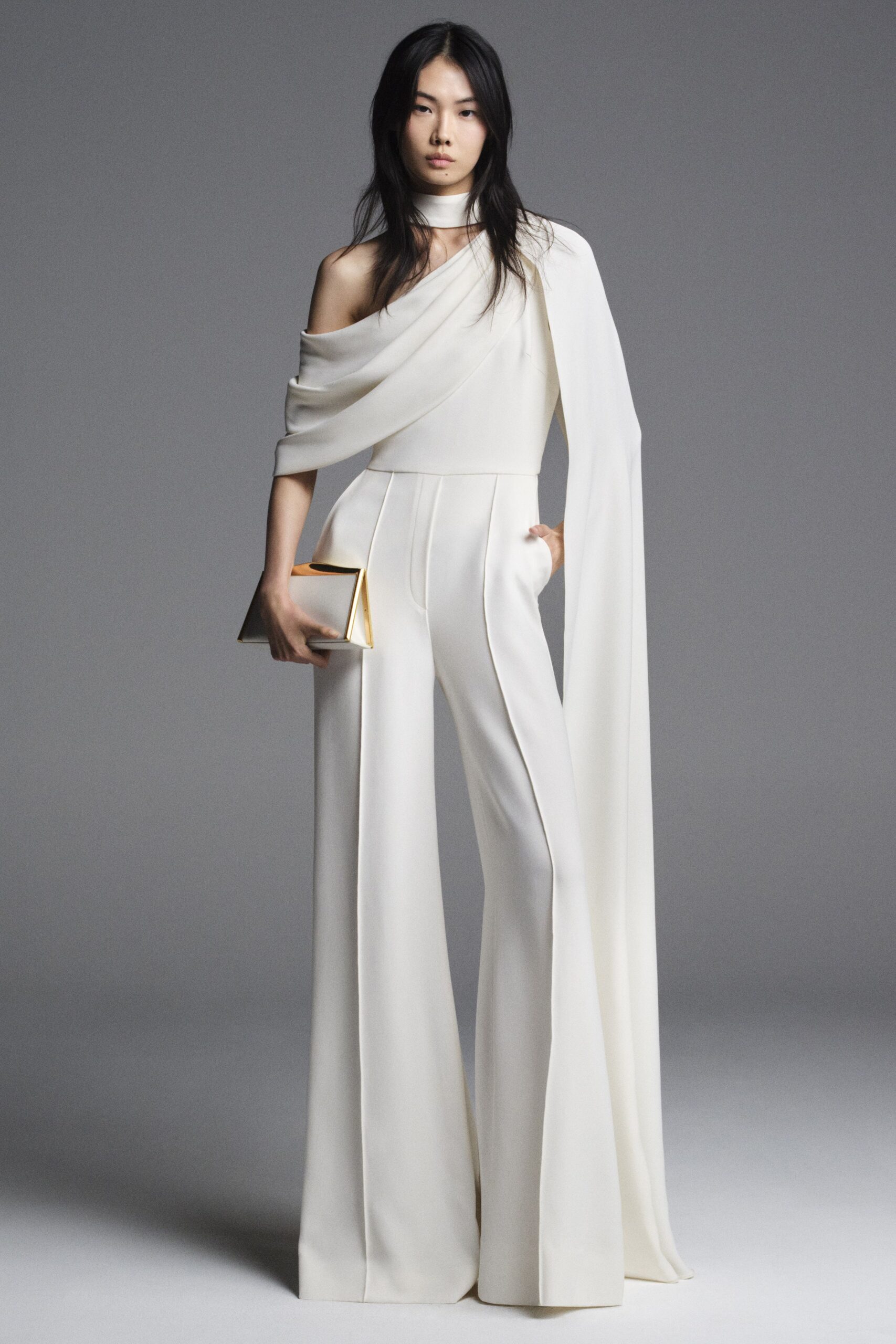 white silk off-shoulder jumpsuit