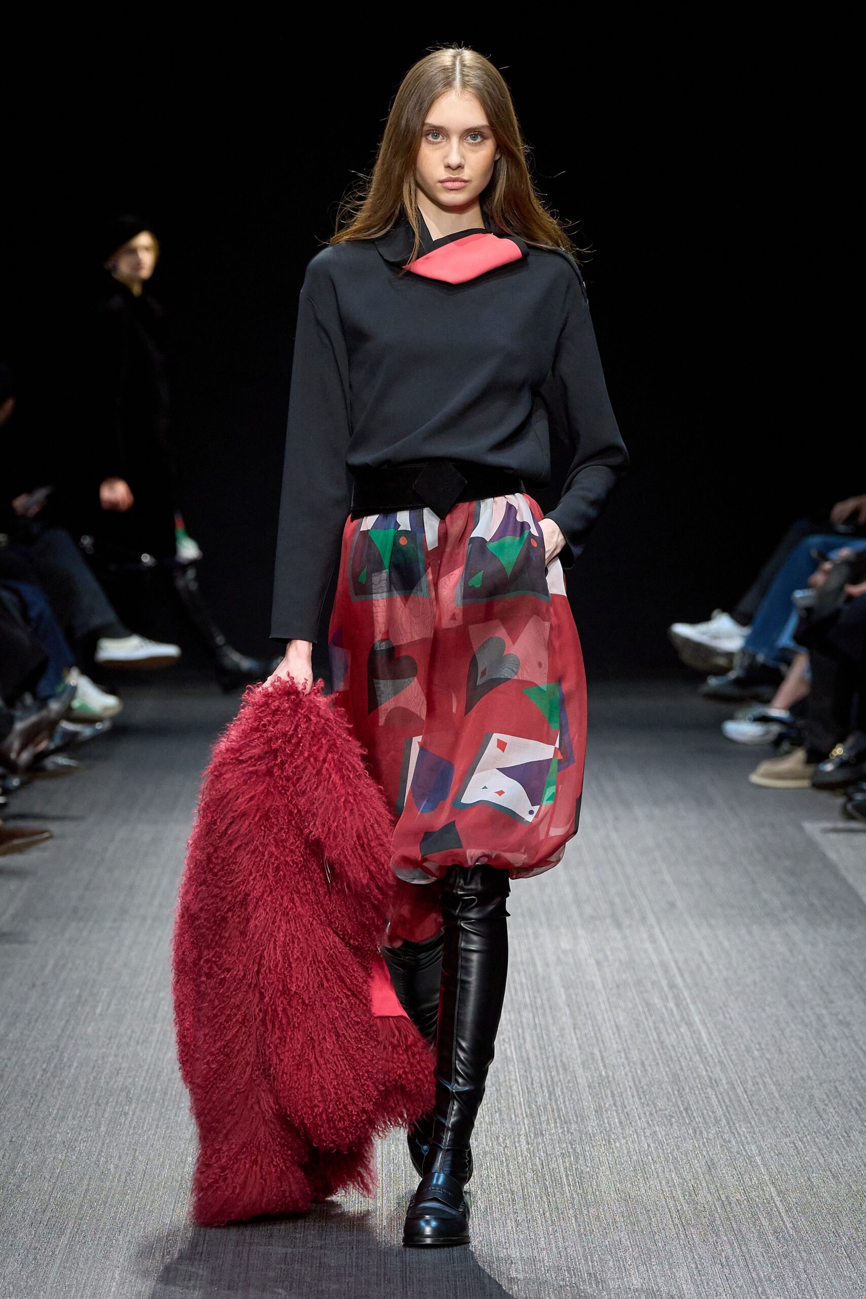 black top red printed skirt
