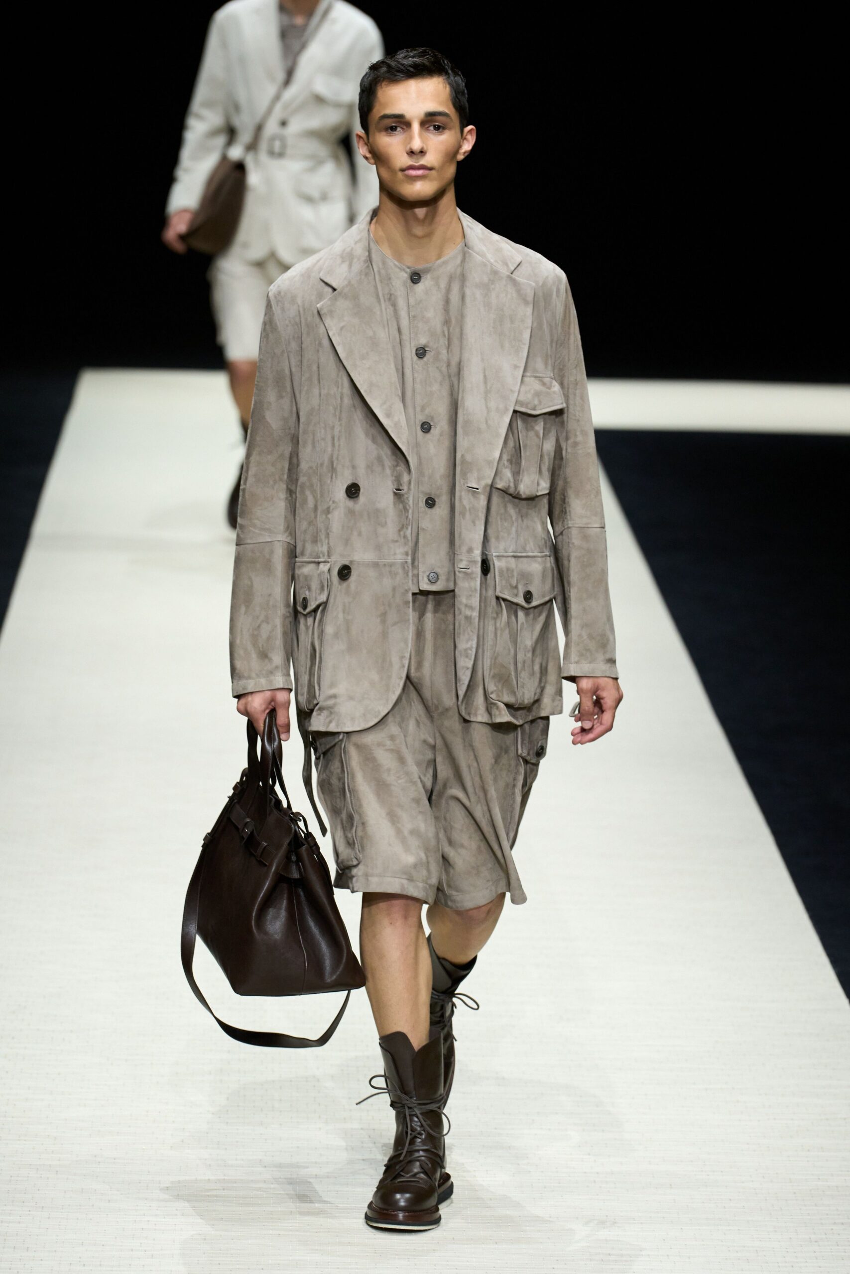 beige suede long-sleeve collared relaxed pockets jacket