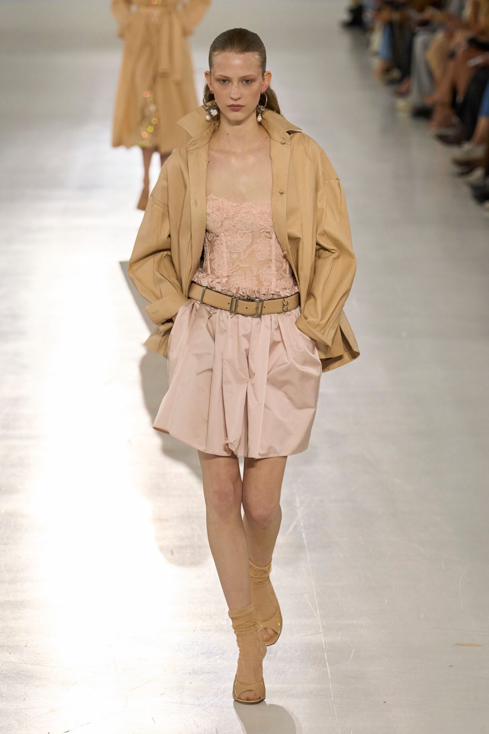 beige jacket pink lace top