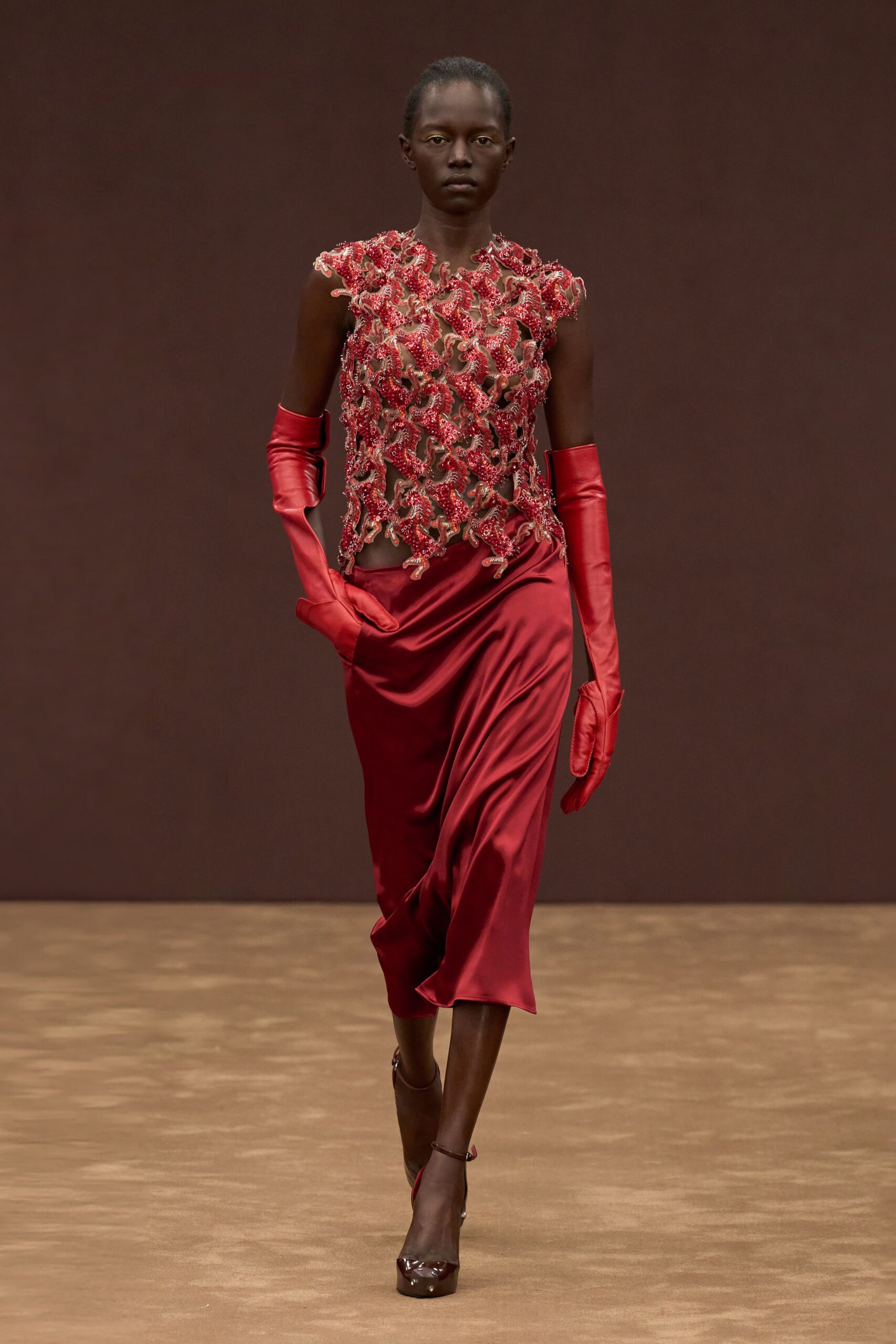 red silk fitted pencil midi skirt