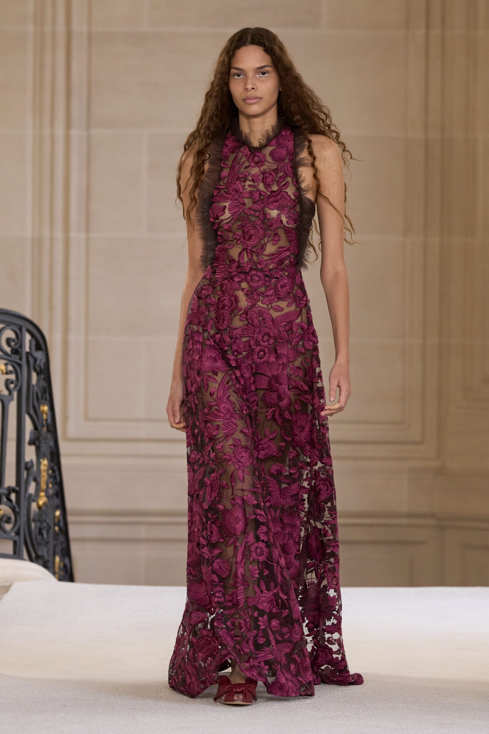 purple lace sleeveless high-neck fitted floral tiered gown