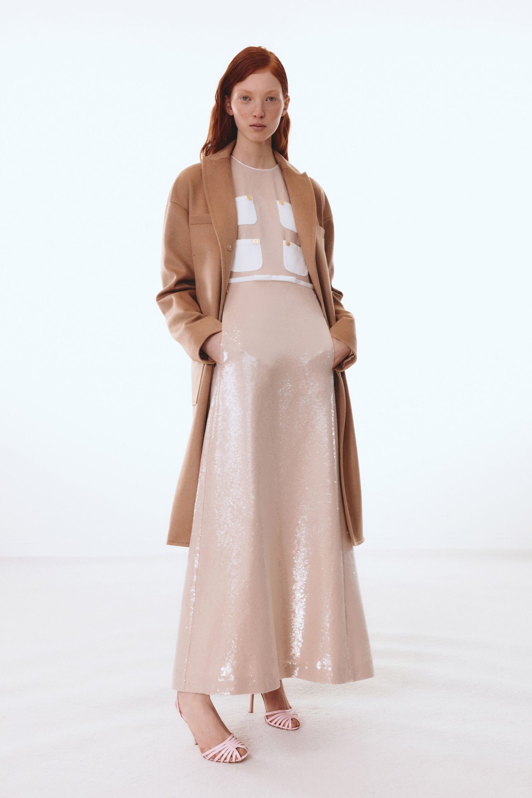 beige wool coat with sequined skirt
