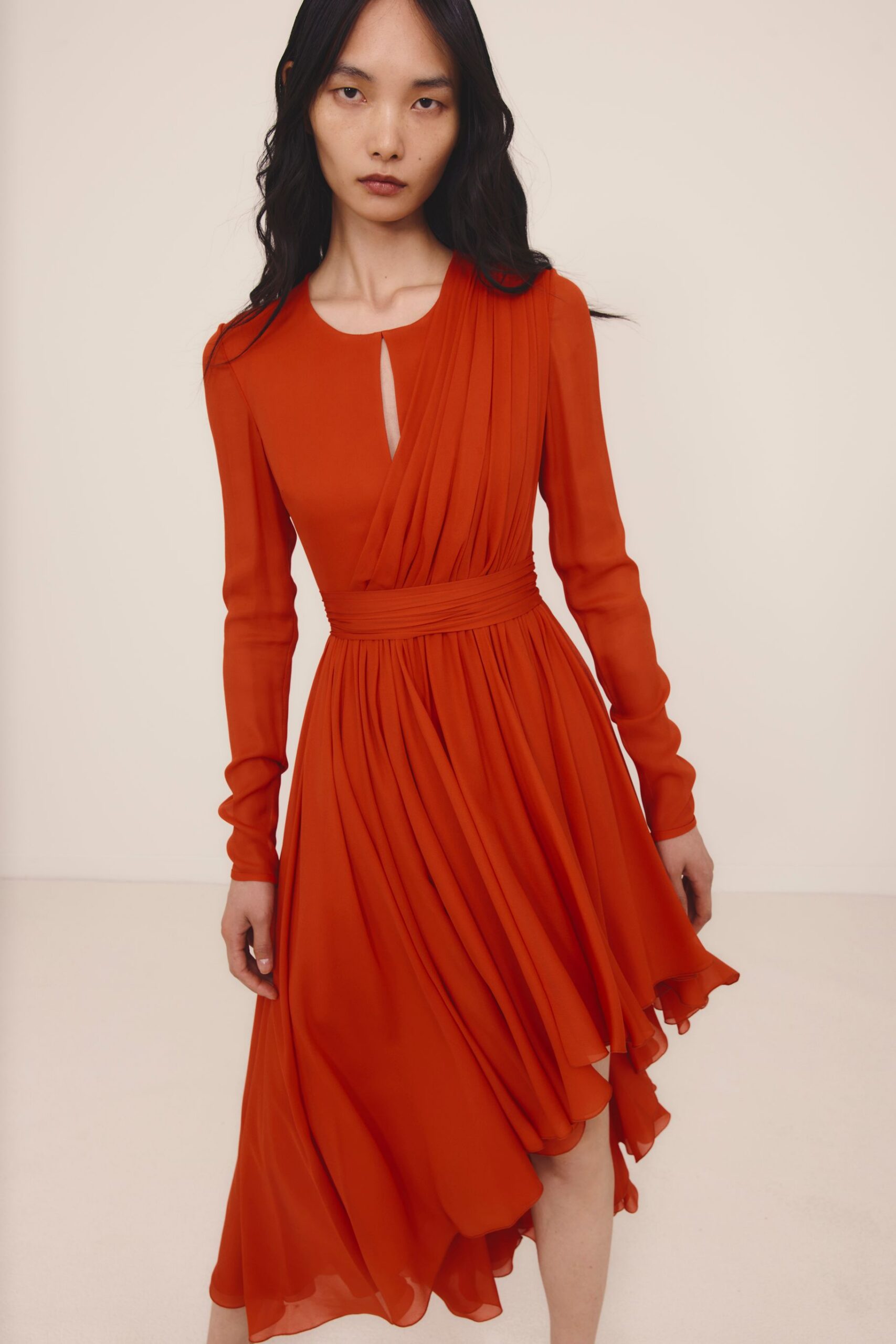 red chiffon long-sleeve dress