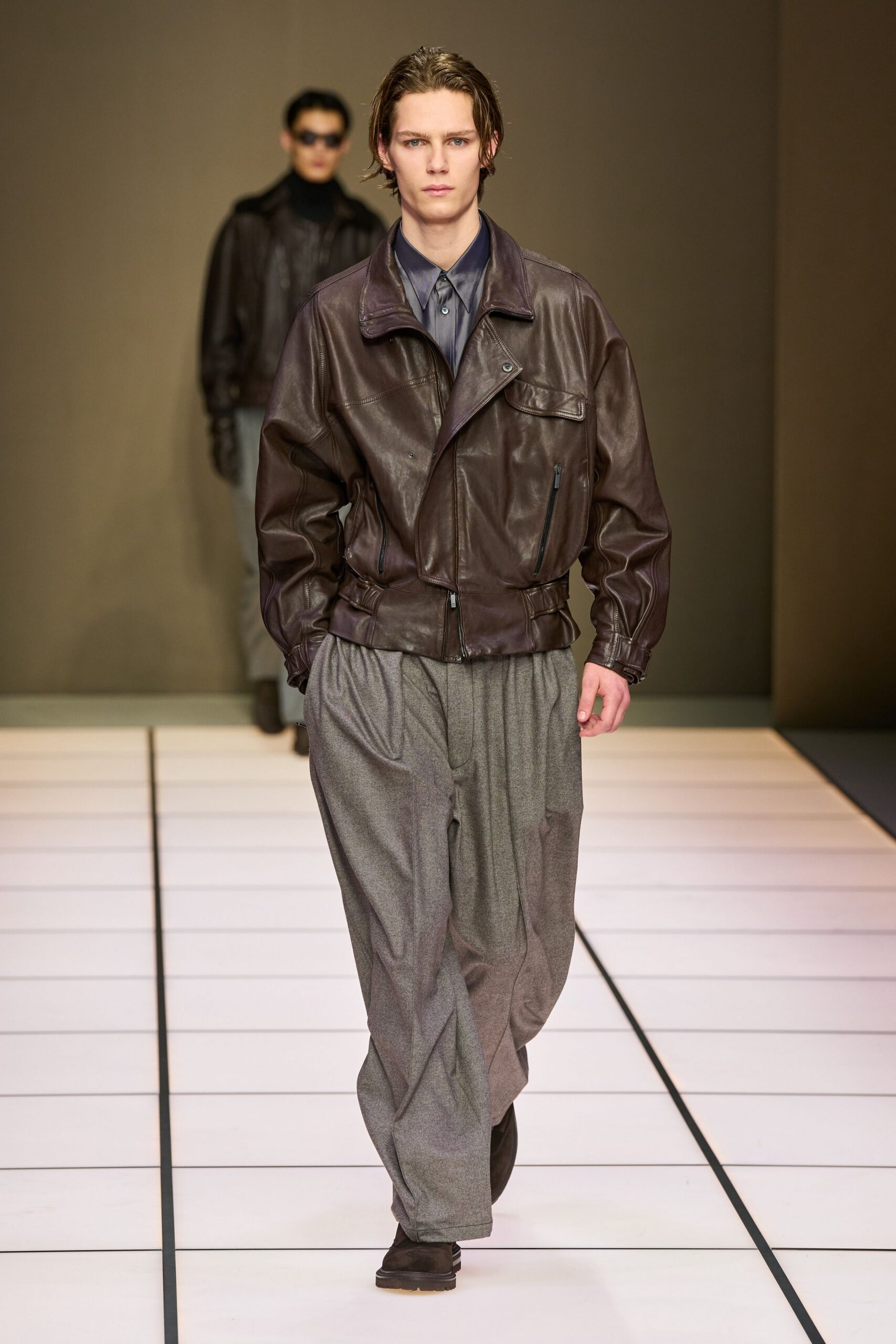 brown leather jacket gray pants