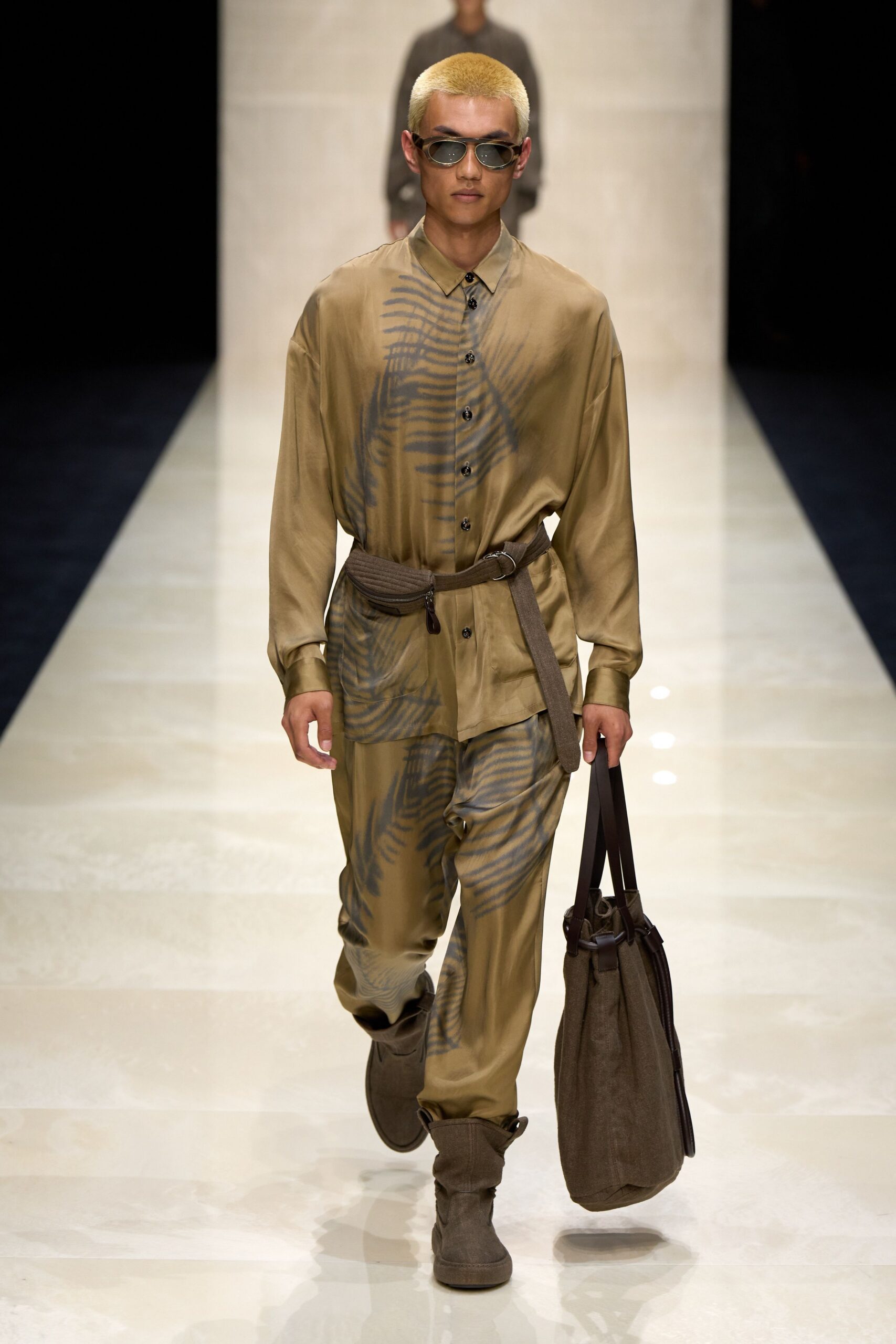 beige silk shirt and pants