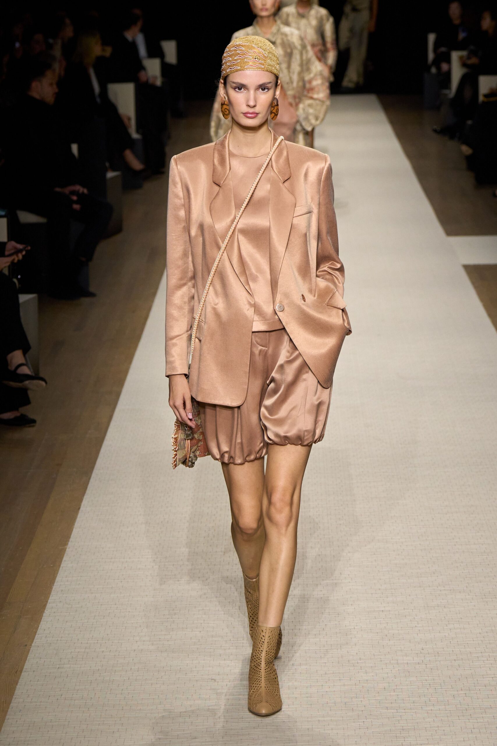beige silk relaxed pleated shiny short shorts