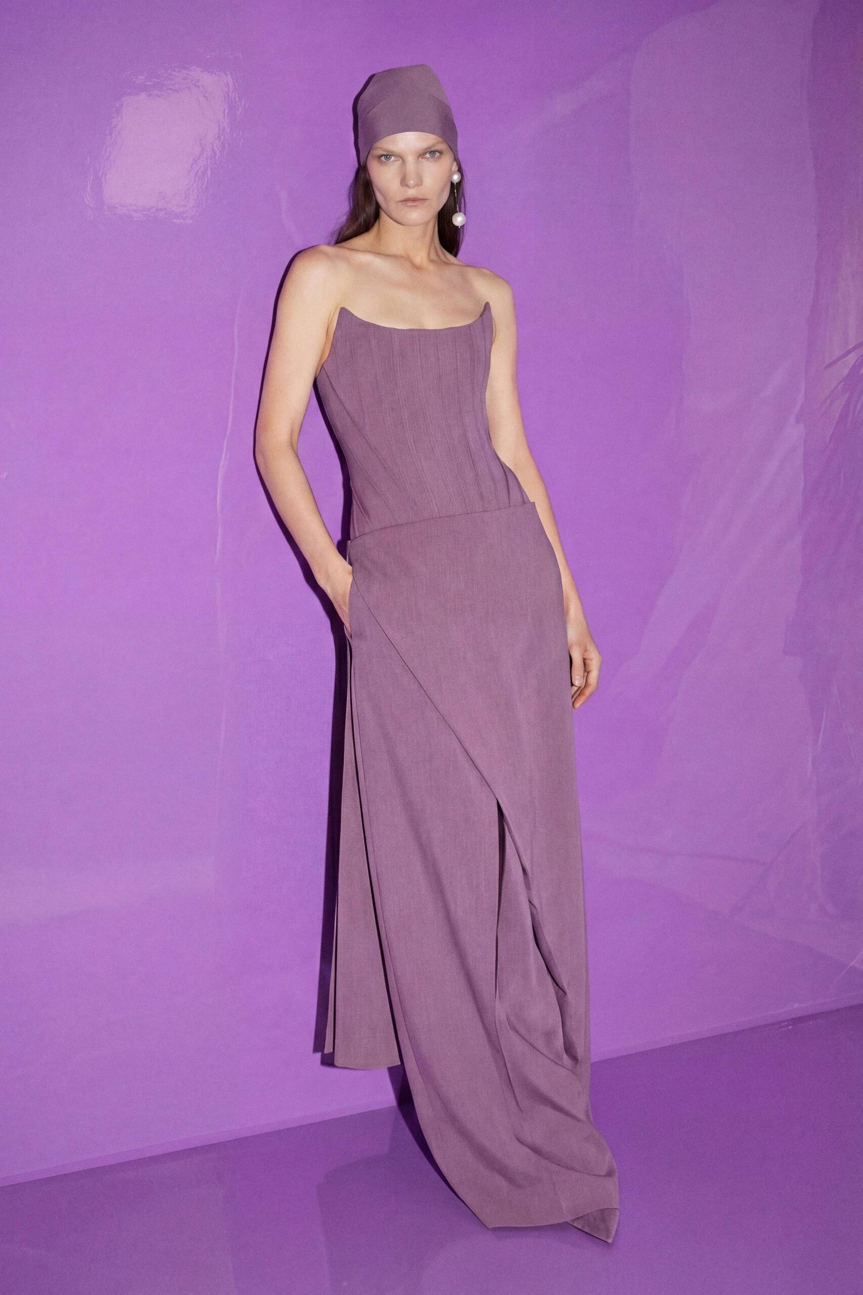 purple cotton strapless fitted draped pockets maxi gown
