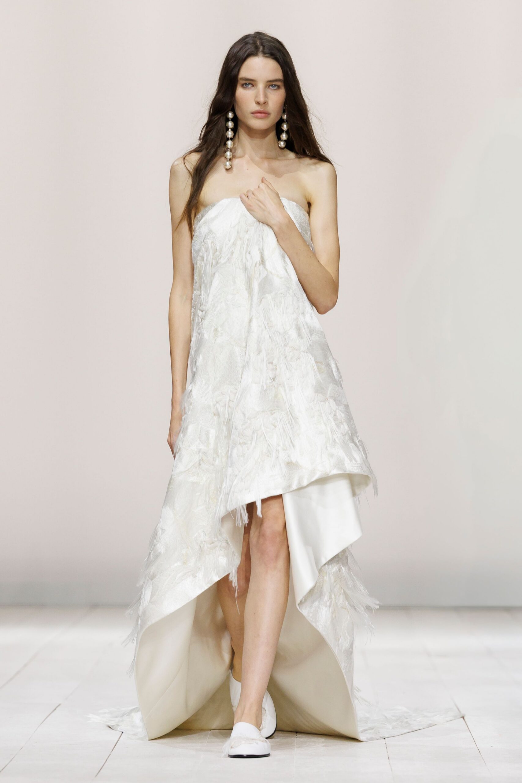 white silk strapless asymmetric fitted embroidered tiered gown