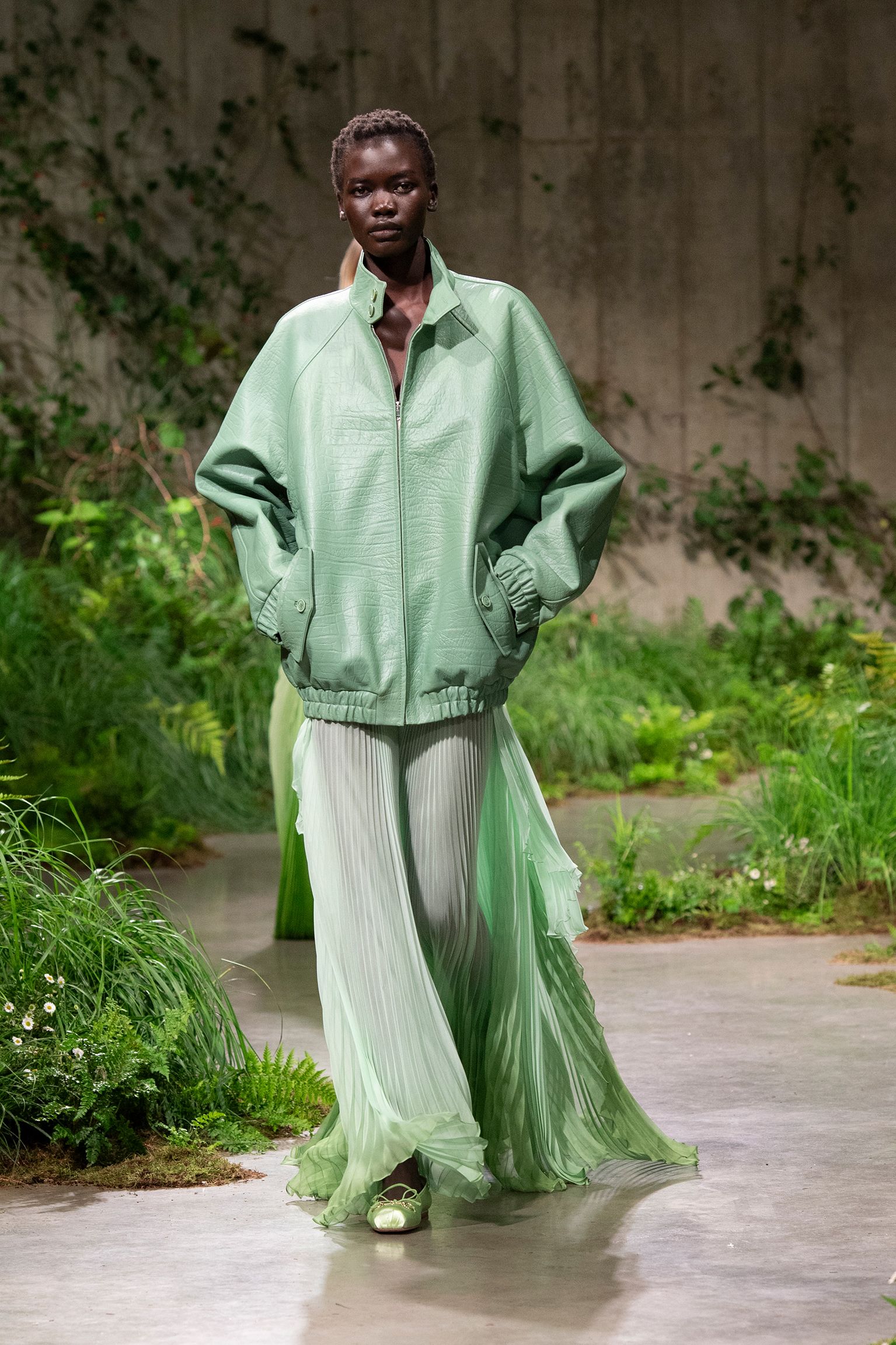 green leather long-sleeve collared oversized zippered jacket