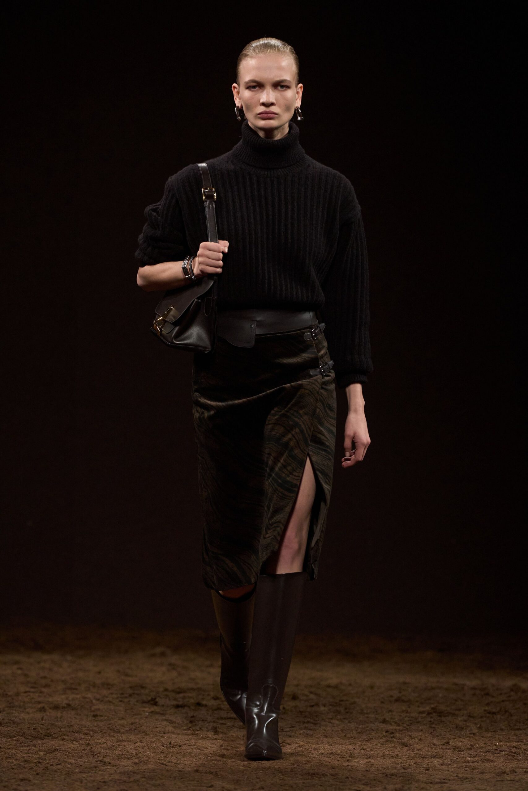 brown silk slit fitted printed skirt