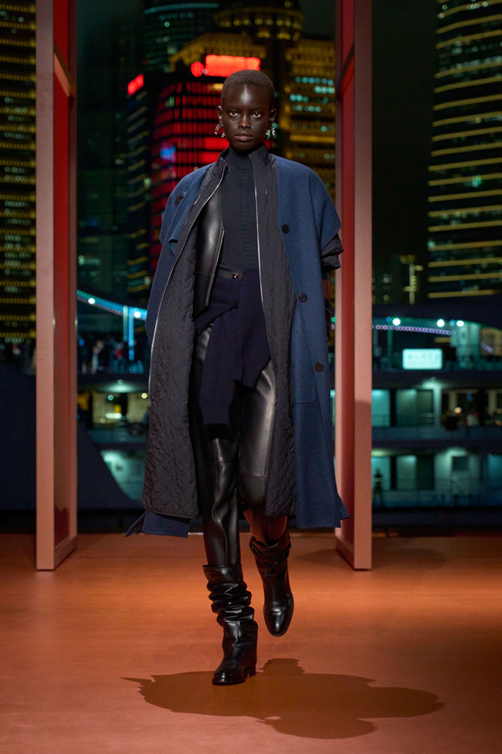 blue coat black fitted outfit