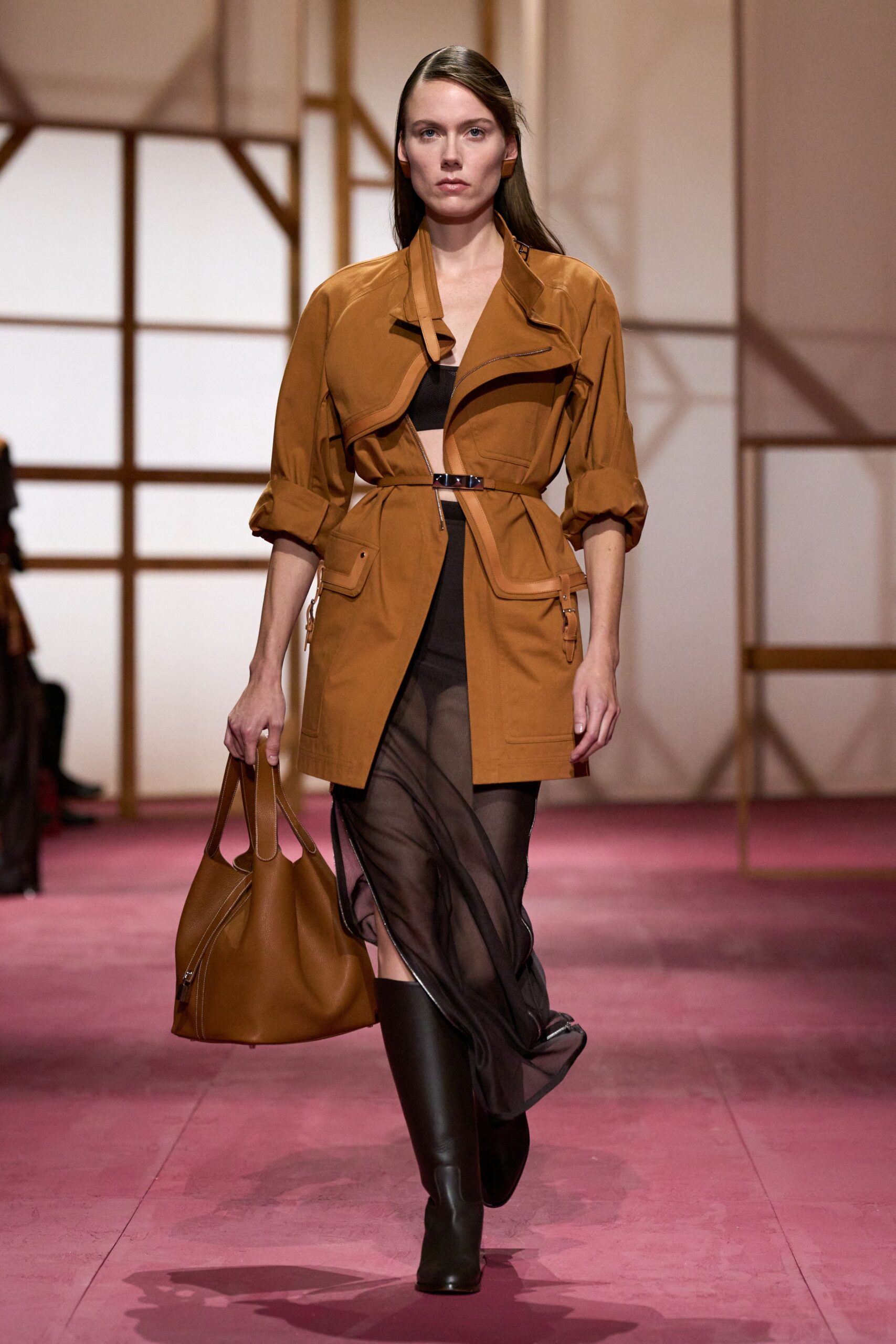 brown coat black dress