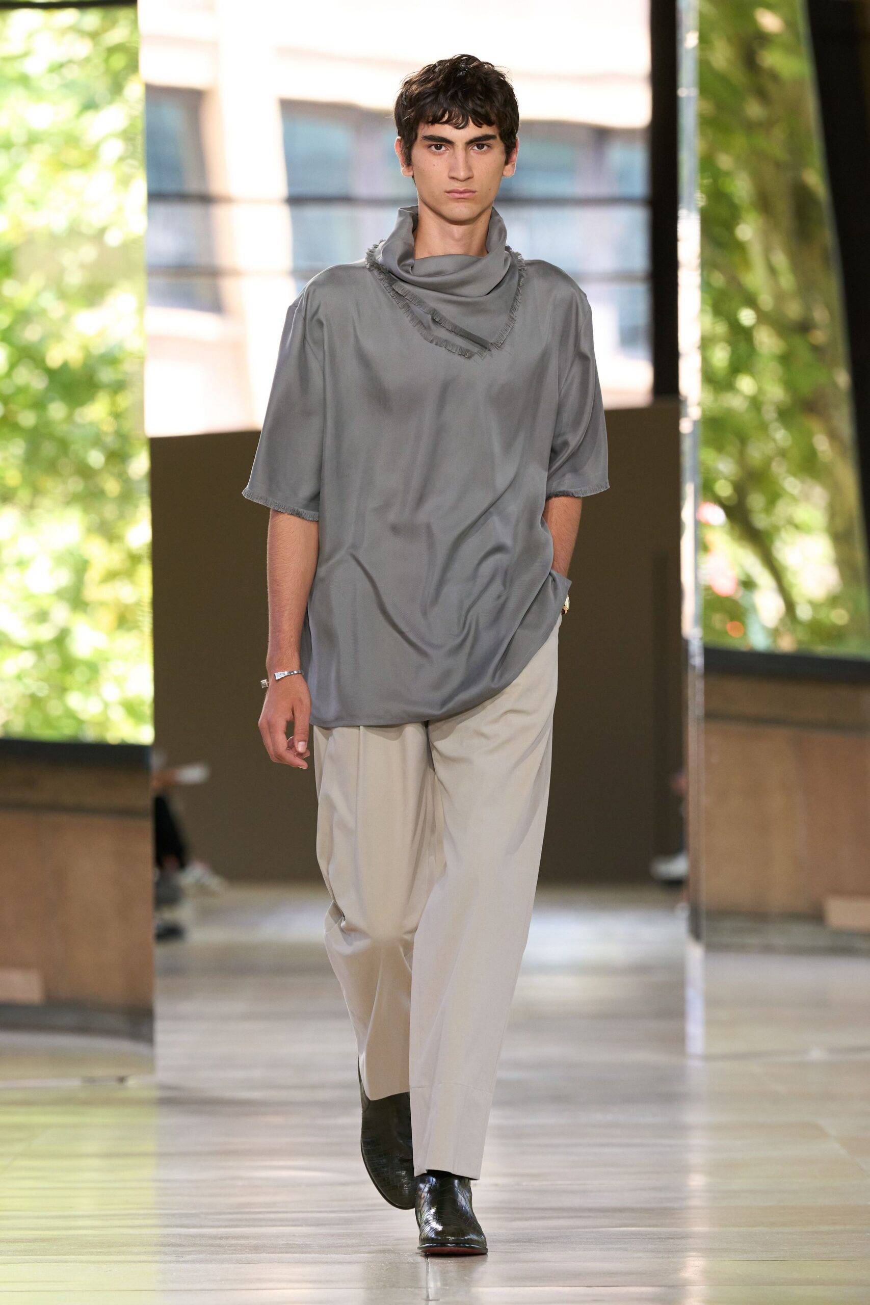 gray silk short-sleeve collared relaxed shirt