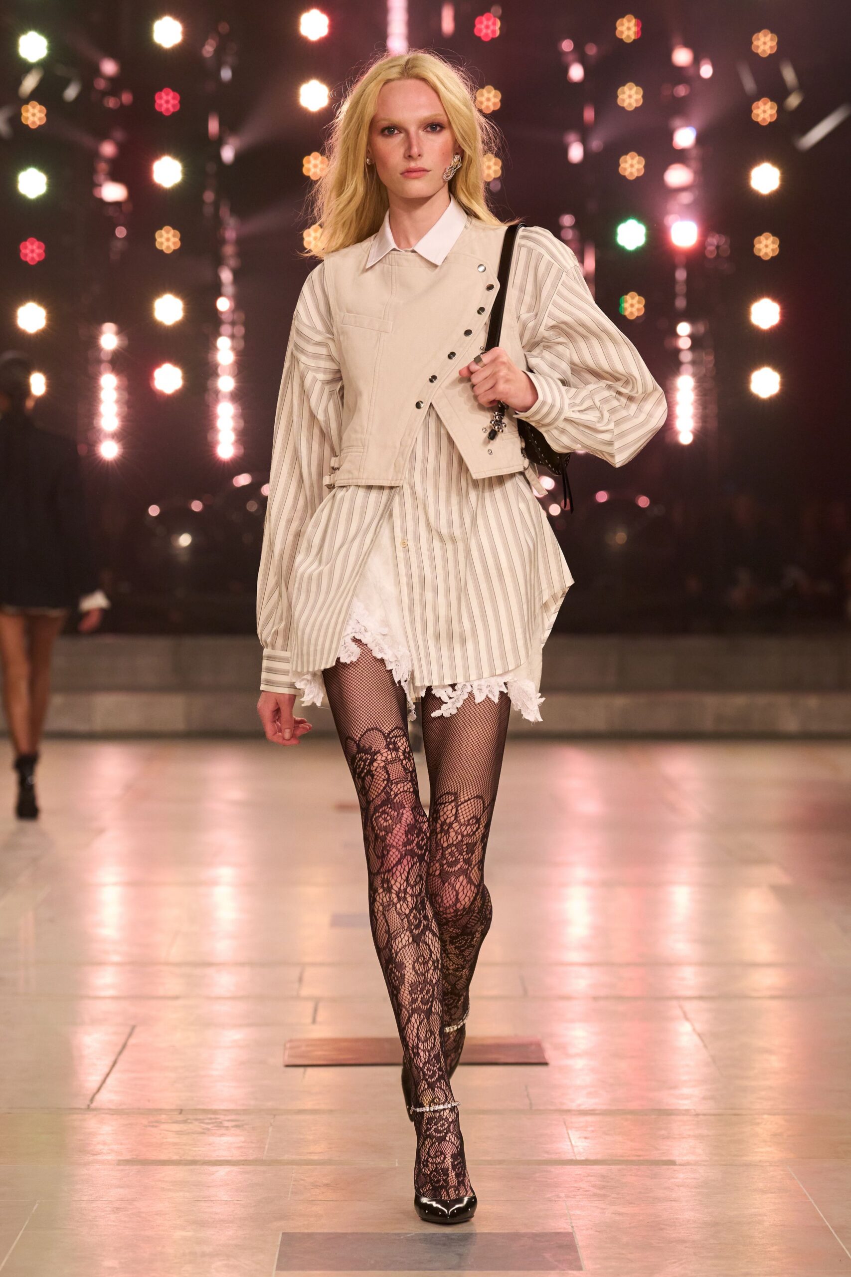 beige striped shirt with white skirt