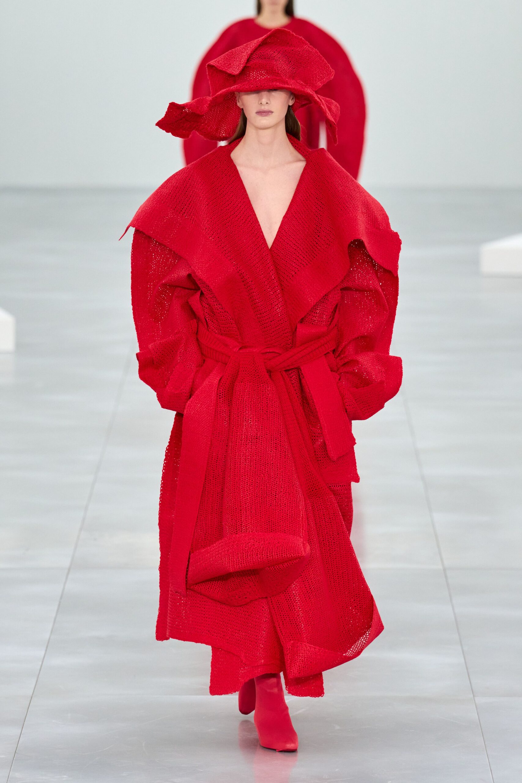 red cotton long-sleeve v-neck oversized belted coat