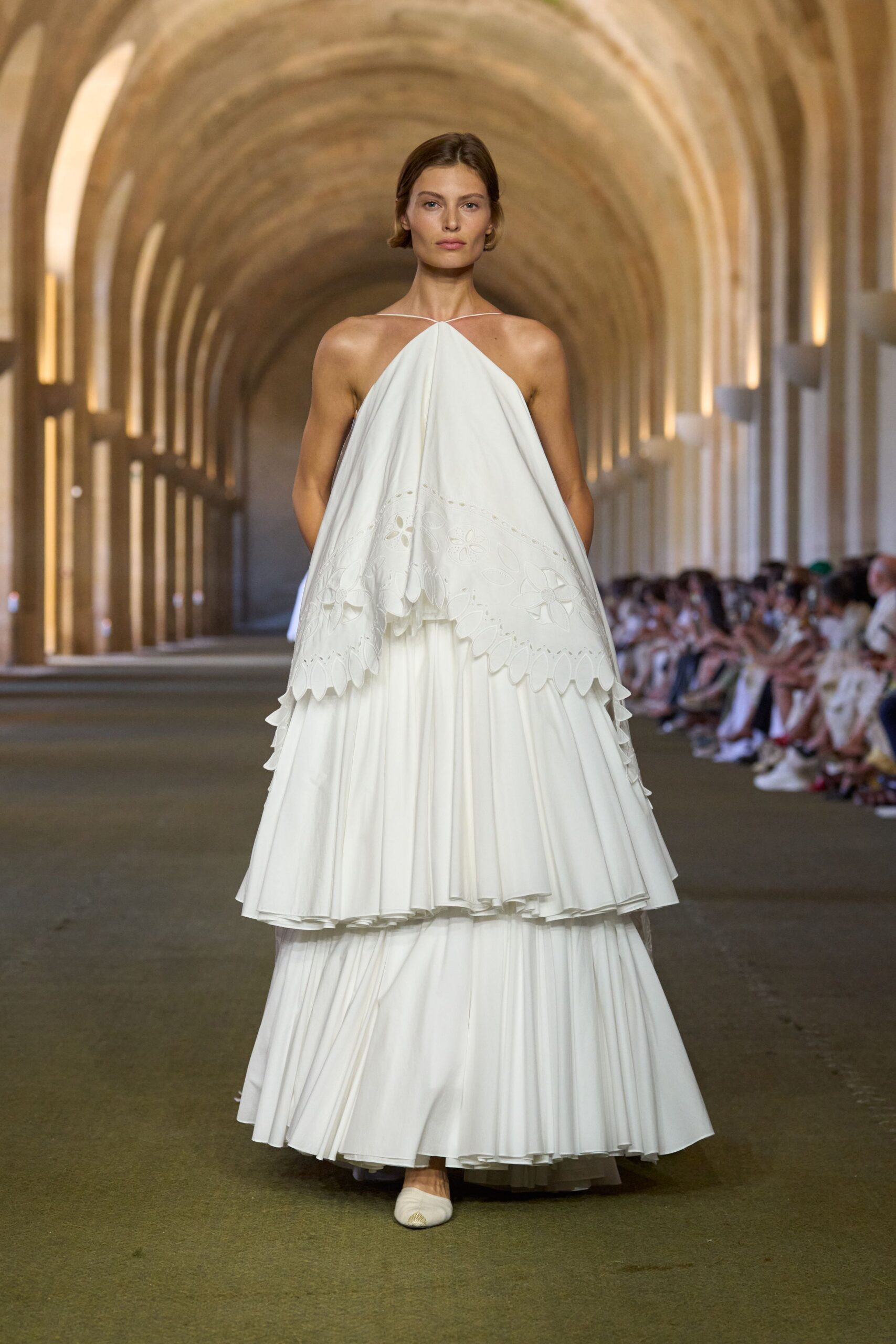 white tiered halter gown