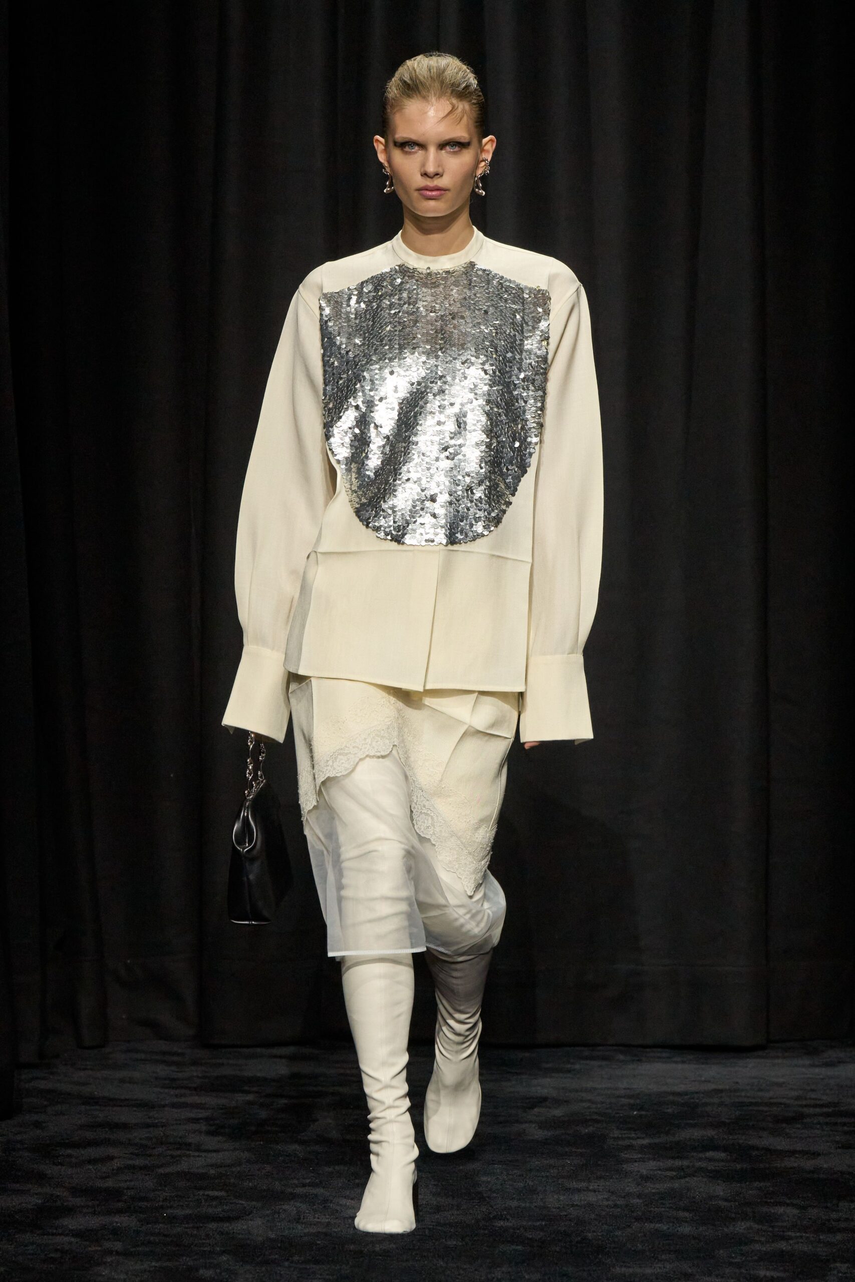 white sequined top with layered skirt