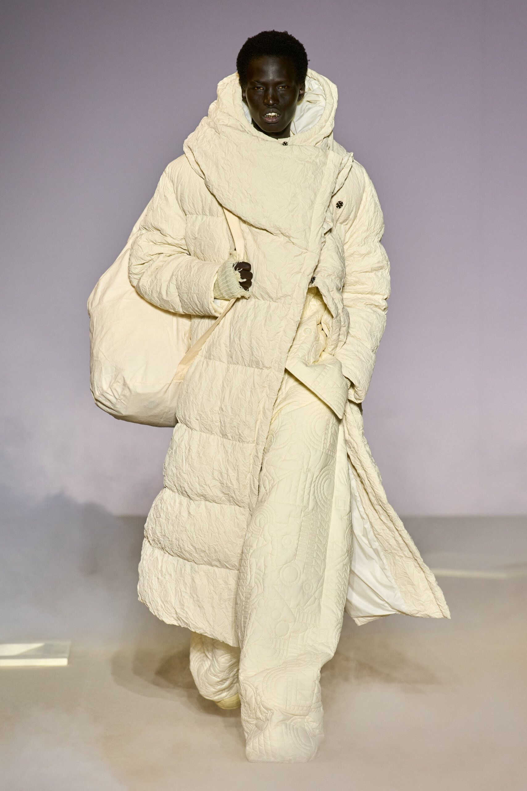 white quilted coat with bag