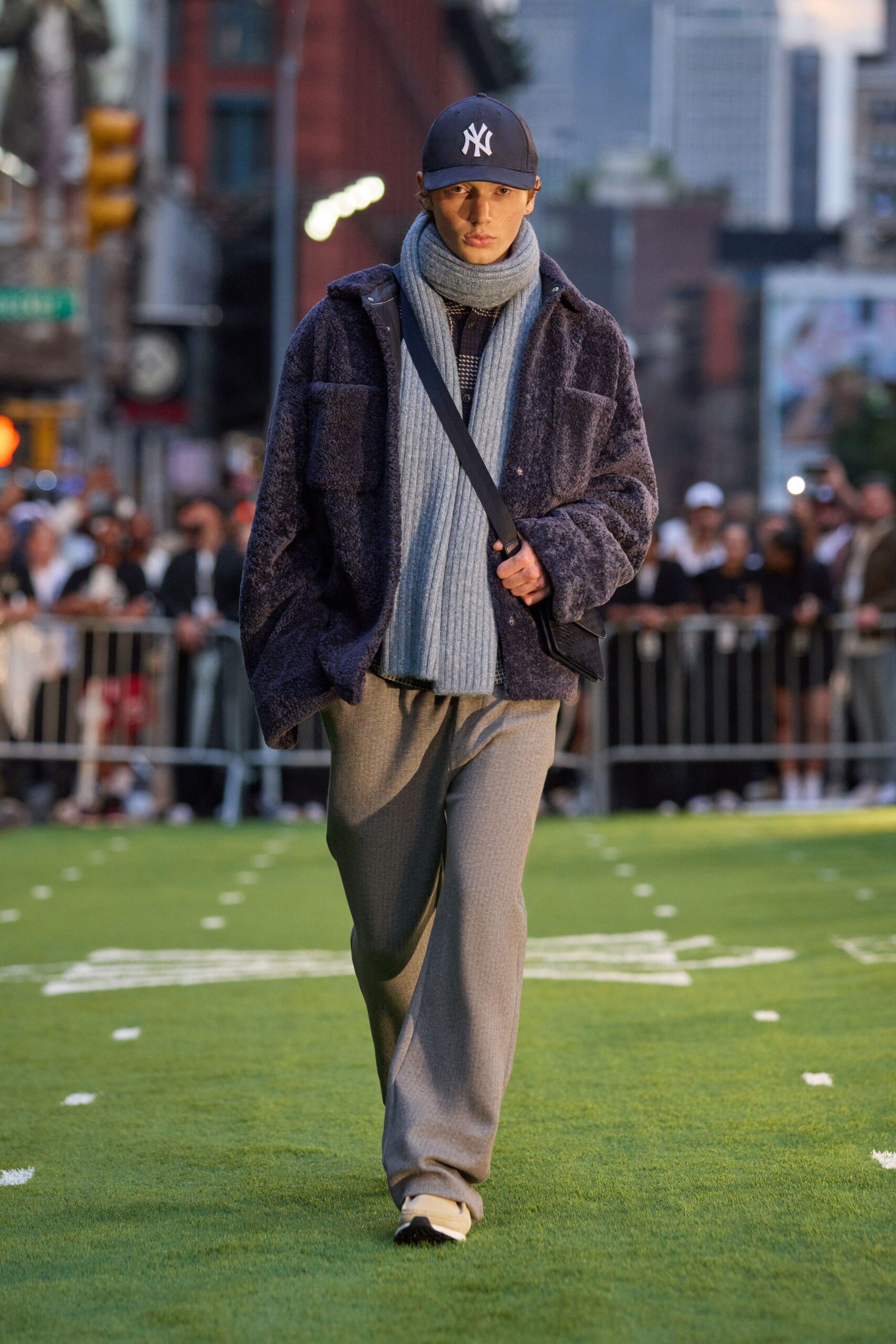 blue wool long-sleeve relaxed zippered jacket