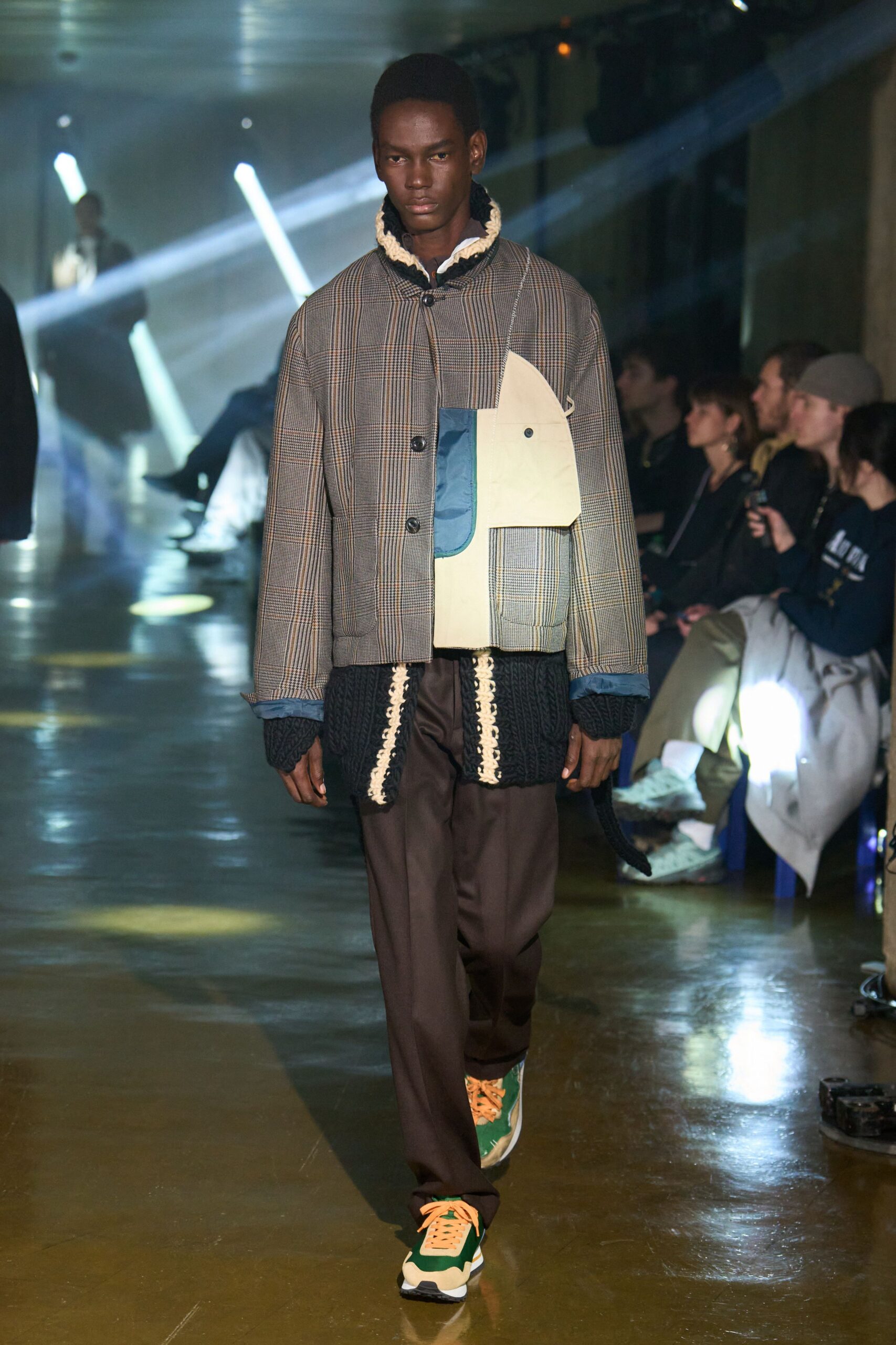 gray relaxed jacket with brown pants