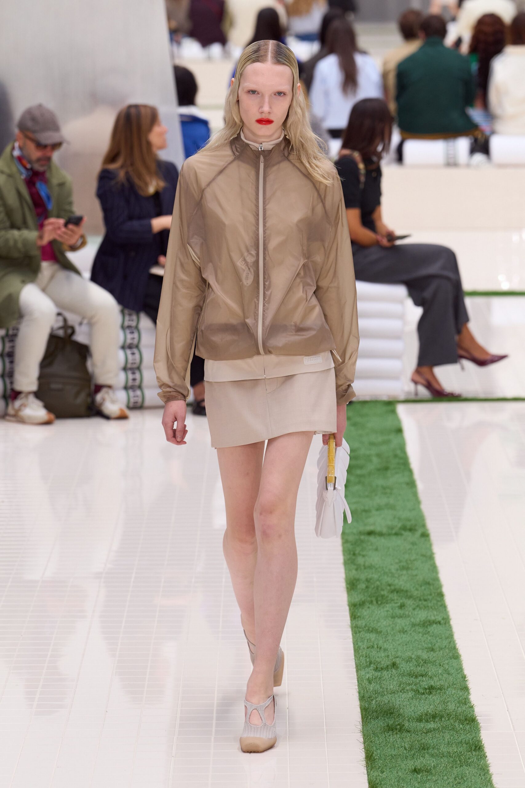 beige vinyl long-sleeve fitted zippered shiny jacket