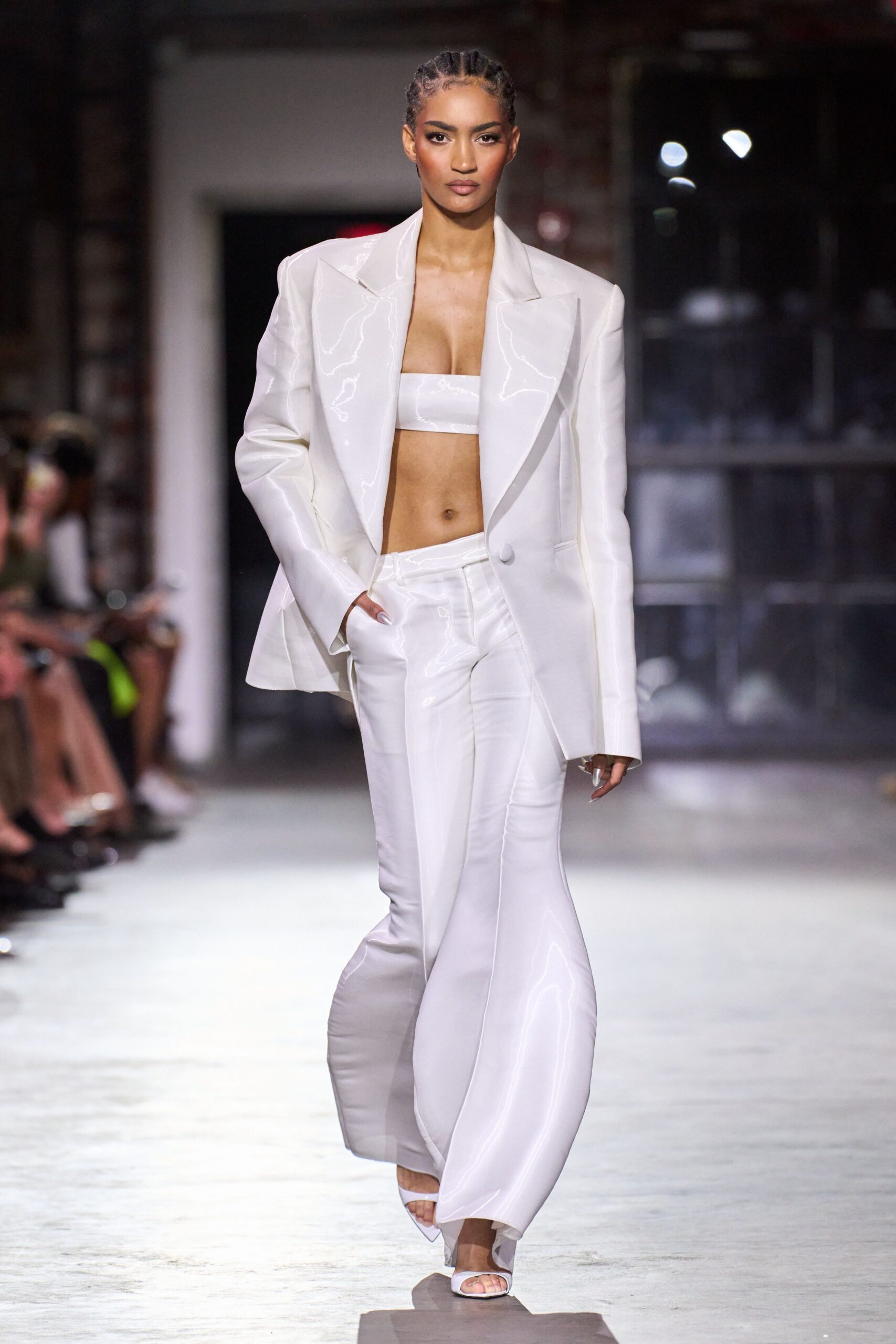 white vinyl long-sleeve collared structured buttoned shiny blazer