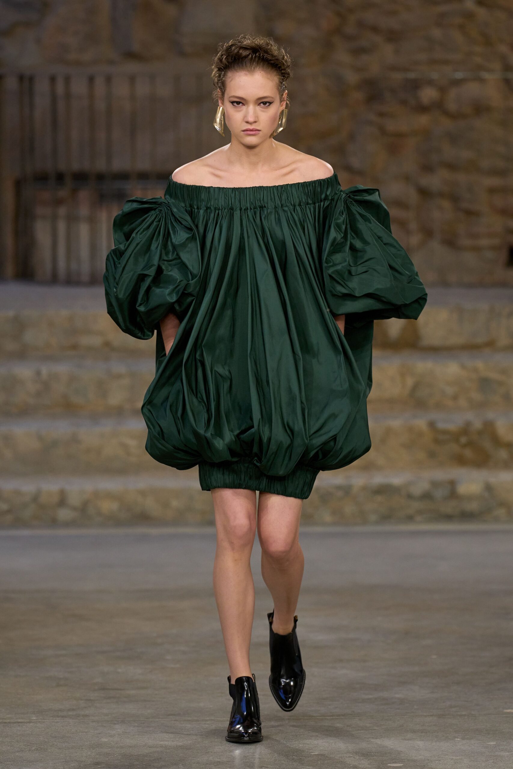 green silk off-shoulder short-sleeve relaxed pleated draped dress