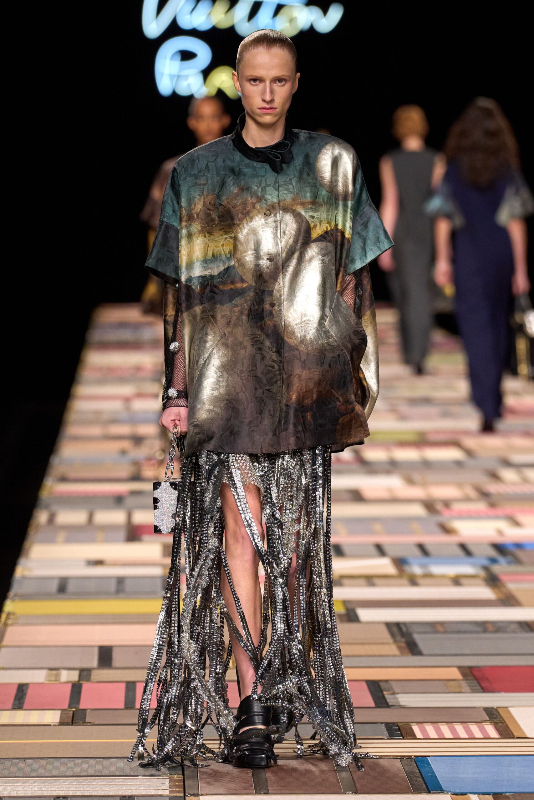 black metallic slit fitted fringed skirt